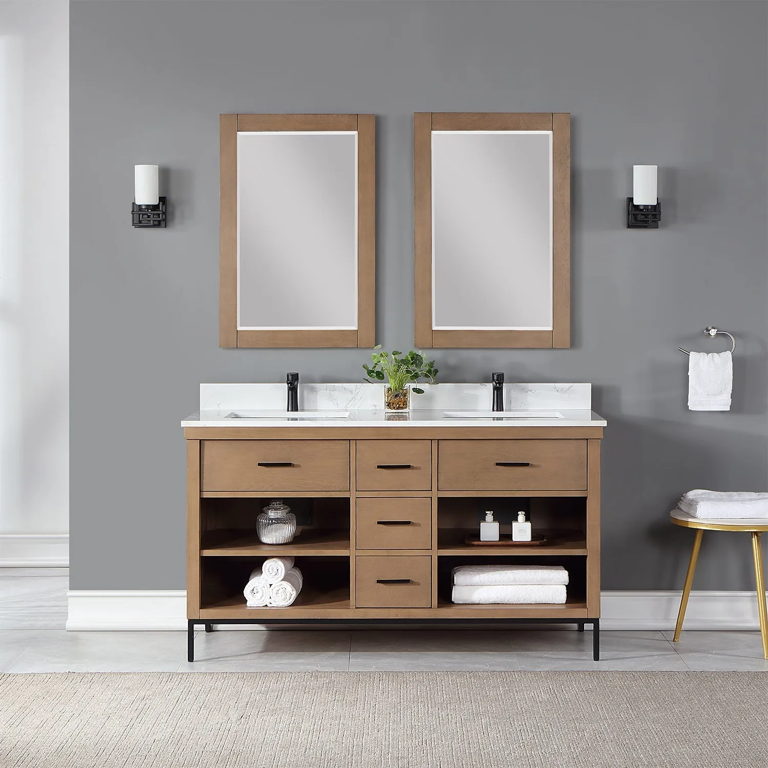 Altair Designs Kesia 60" Double Bathroom Vanity Set with Aosta White Composite Stone Countertop - 545060-WH-AW-NM