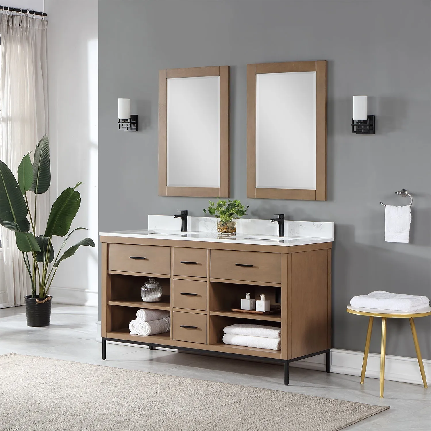 Altair Designs Kesia 60" Double Bathroom Vanity Set with Aosta White Composite Stone Countertop - 545060-WH-AW-NM