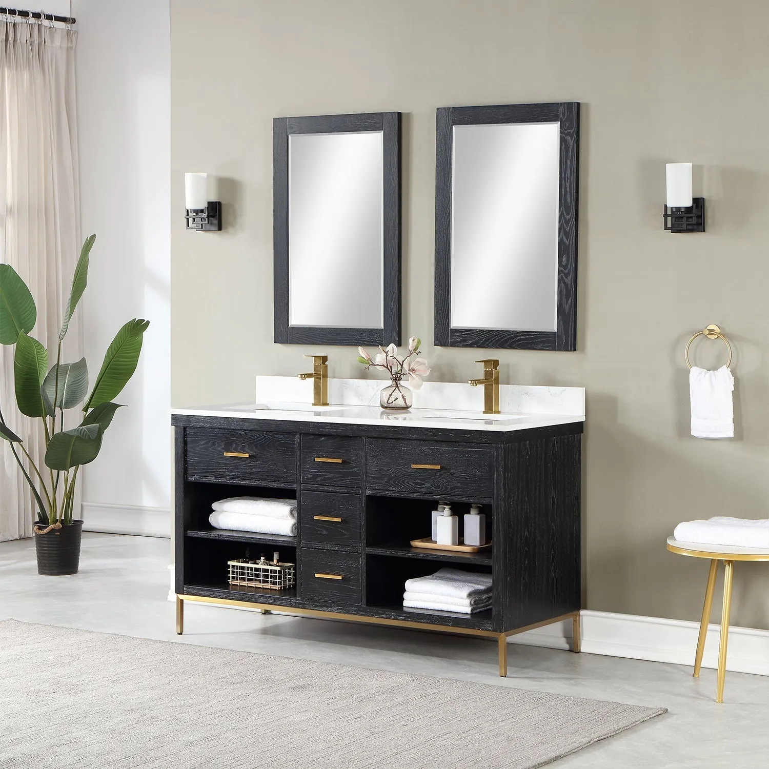 Altair Designs Kesia 60" Double Bathroom Vanity Set with Aosta White Composite Stone Countertop - 545060-WH-AW-NM