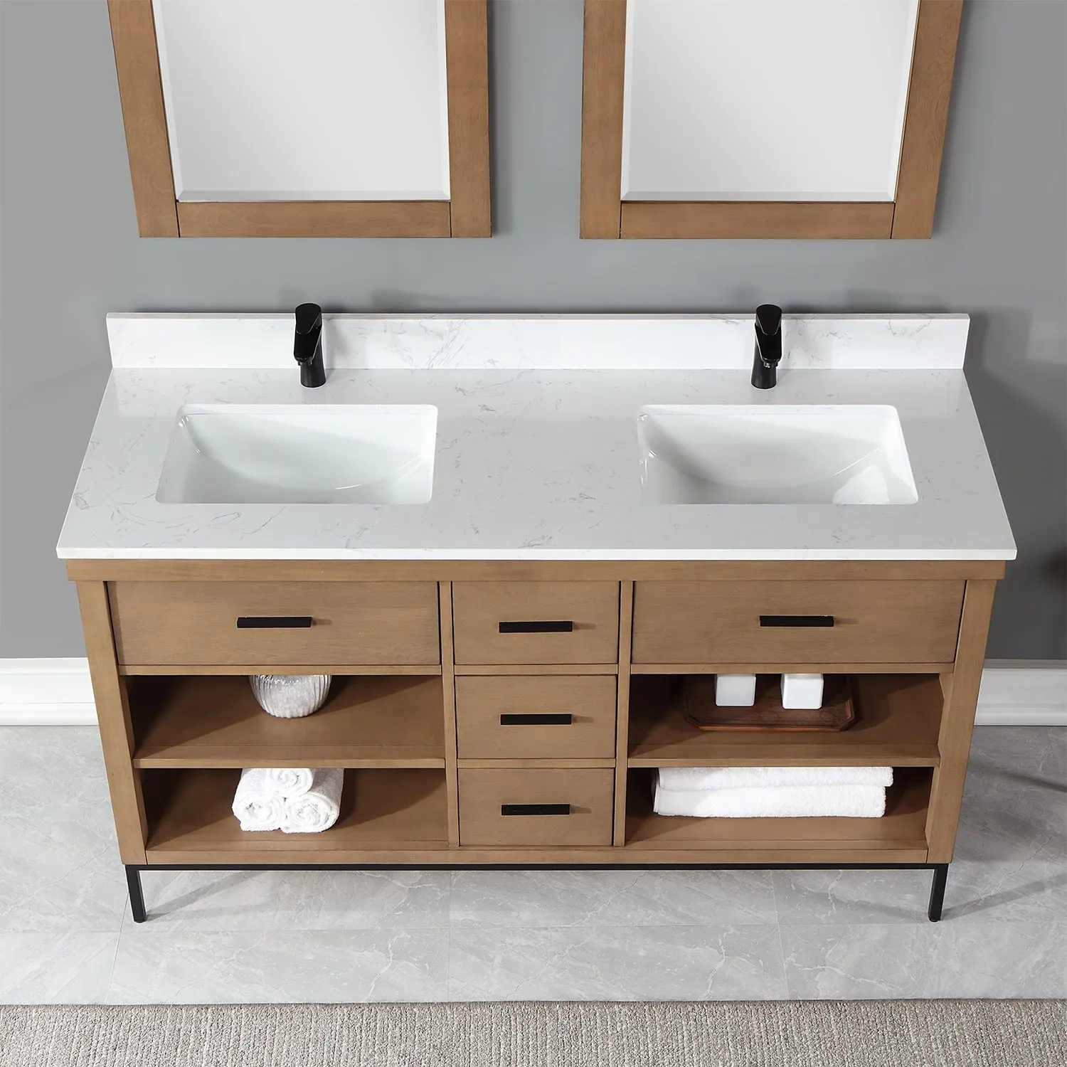 Altair Designs Kesia 60" Double Bathroom Vanity Set with Aosta White Composite Stone Countertop - 545060-WH-AW-NM
