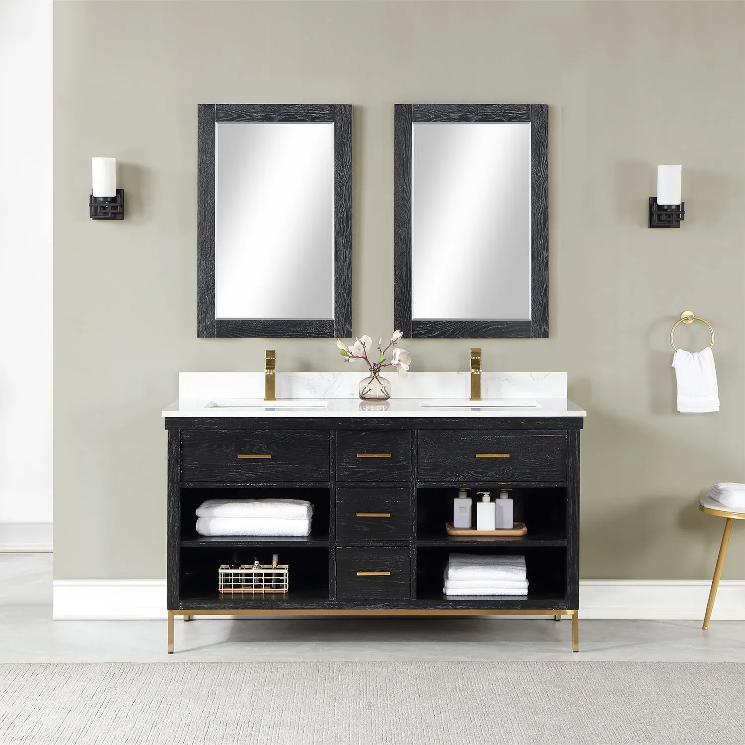 Altair Designs Kesia 60" Double Bathroom Vanity Set with Aosta White Composite Stone Countertop - 545060-WH-AW-NM