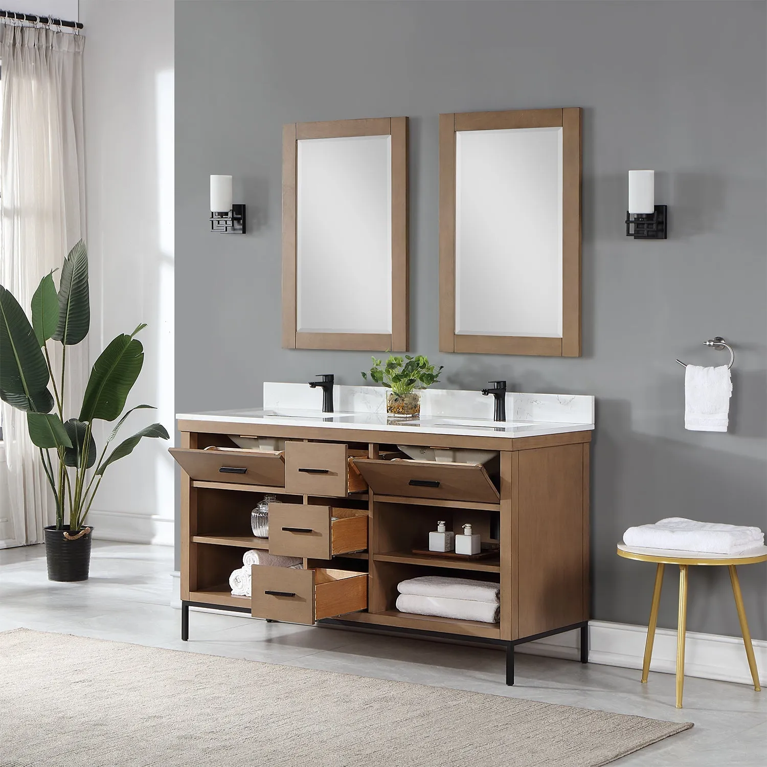 Altair Designs Kesia 60" Double Bathroom Vanity Set with Aosta White Composite Stone Countertop - 545060-WH-AW-NM