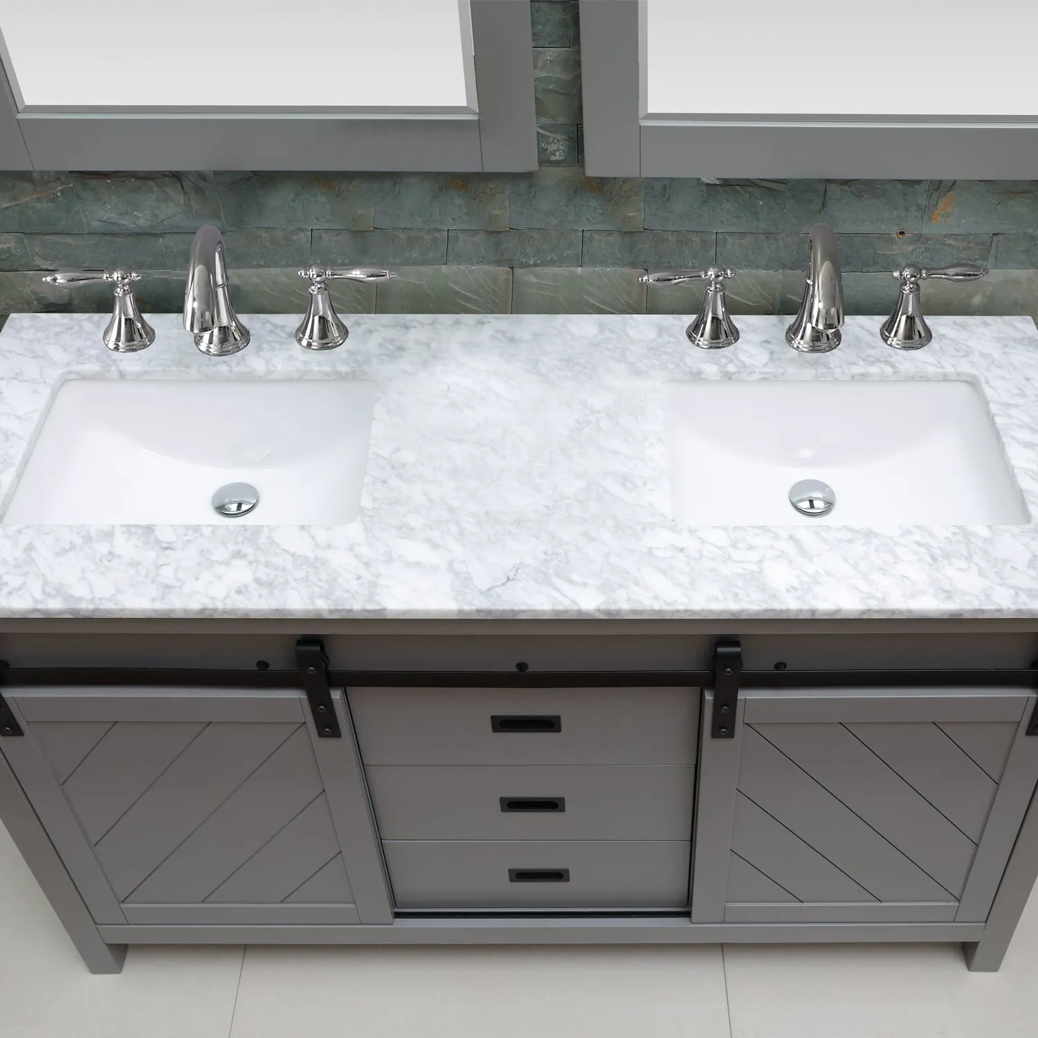 Altair Designs Kinsley 60" Double Bathroom Vanity Set with Carrara White Marble Countertop - 536060-WH-CA-NM