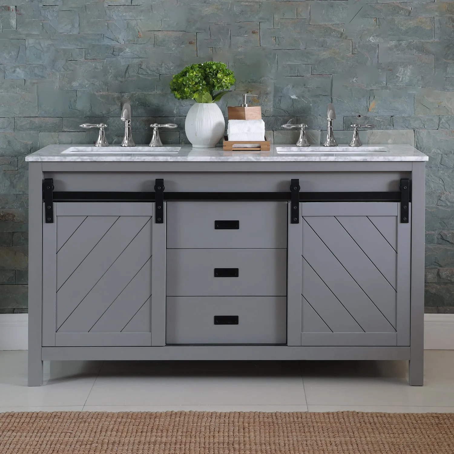 Altair Designs Kinsley 60" Double Bathroom Vanity Set with Carrara White Marble Countertop - 536060-WH-CA-NM