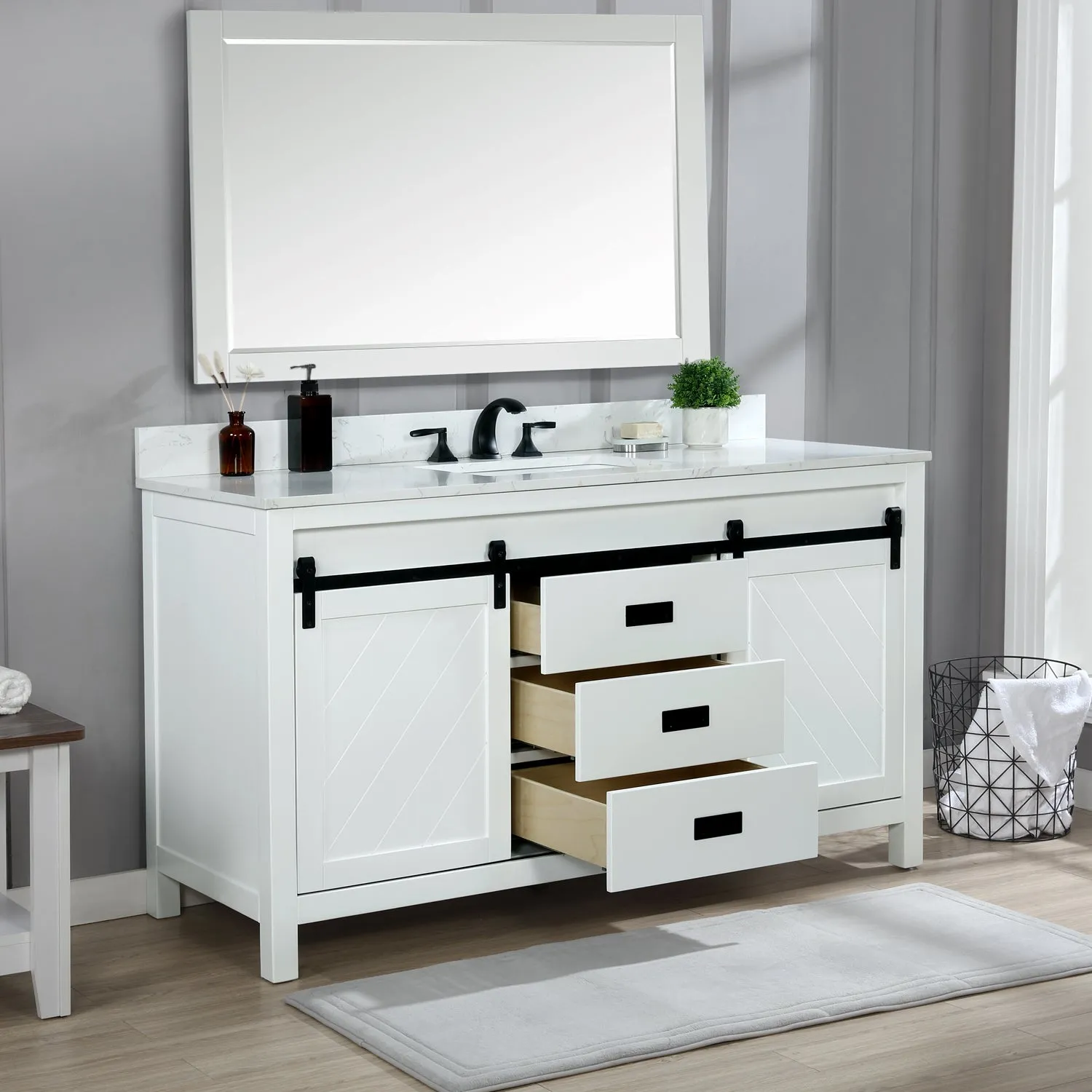Altair Designs Kinsley 60" Single Bathroom Vanity Set with Aosta White Marble Countertop - 536060S-WH-AW-NM
