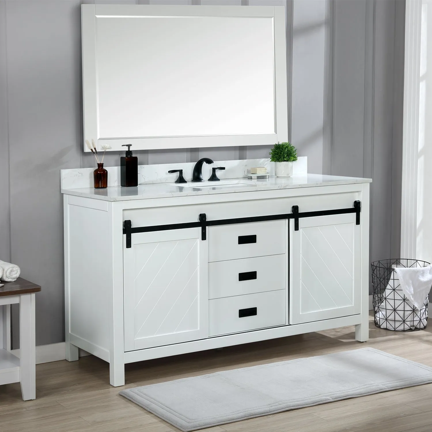 Altair Designs Kinsley 60" Single Bathroom Vanity Set with Aosta White Marble Countertop - 536060S-WH-AW-NM