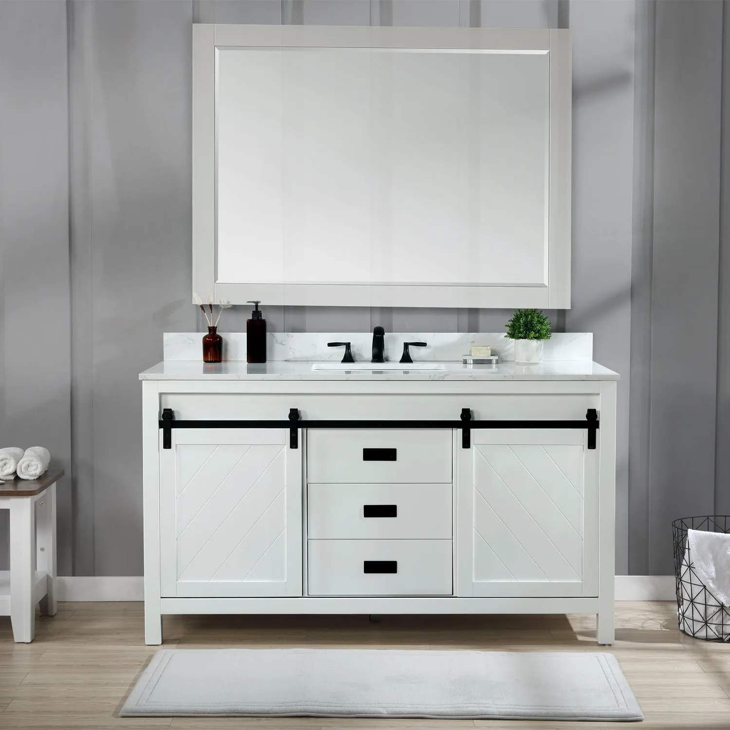 Altair Designs Kinsley 60" Single Bathroom Vanity Set with Aosta White Marble Countertop - 536060S-WH-AW-NM