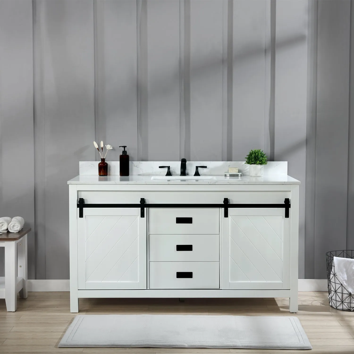 Altair Designs Kinsley 60" Single Bathroom Vanity Set with Aosta White Marble Countertop - 536060S-WH-AW-NM