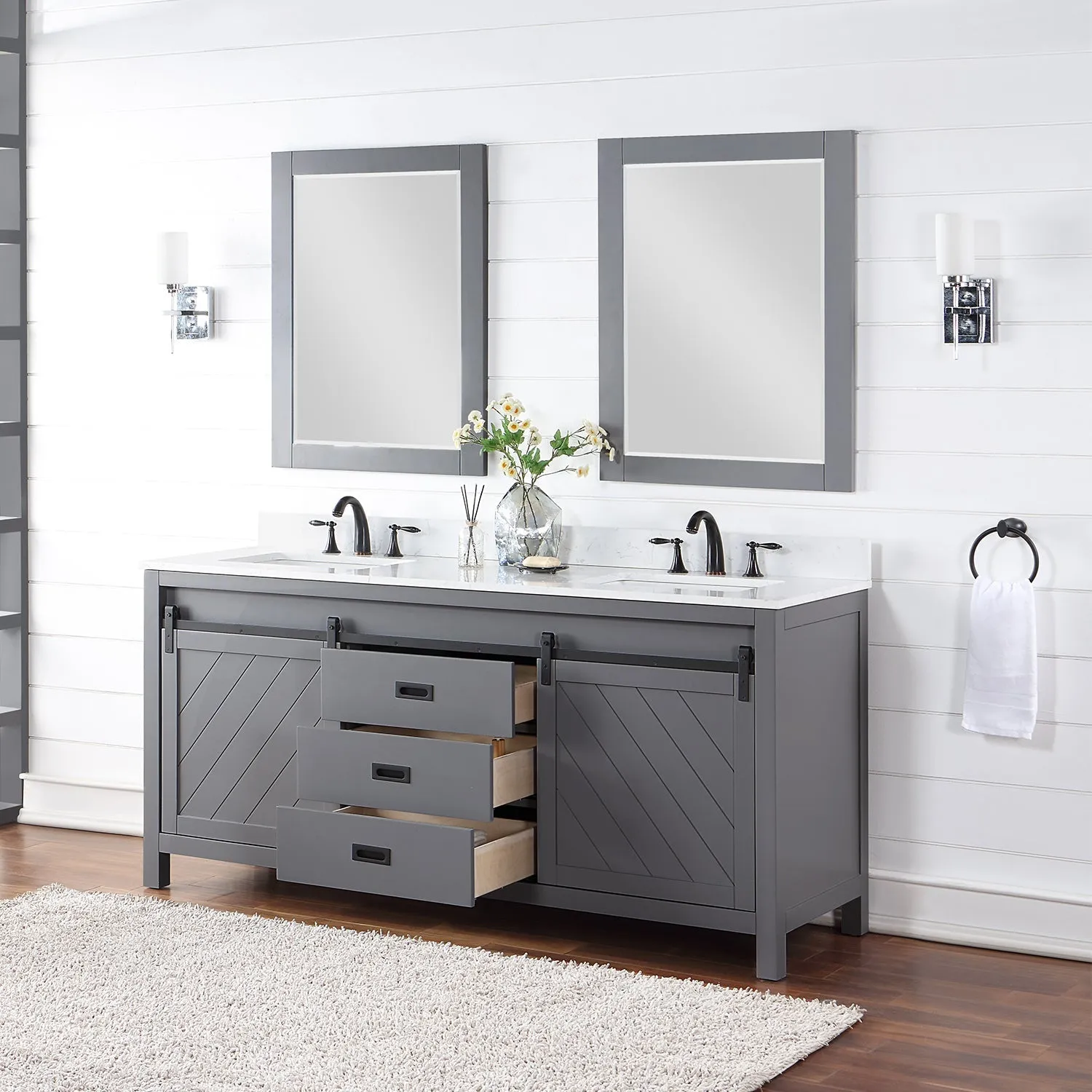 Altair Designs Kinsley 72" Double Bathroom Vanity Set with Aosta White Marble Countertop - 536072-WH-AW-NM