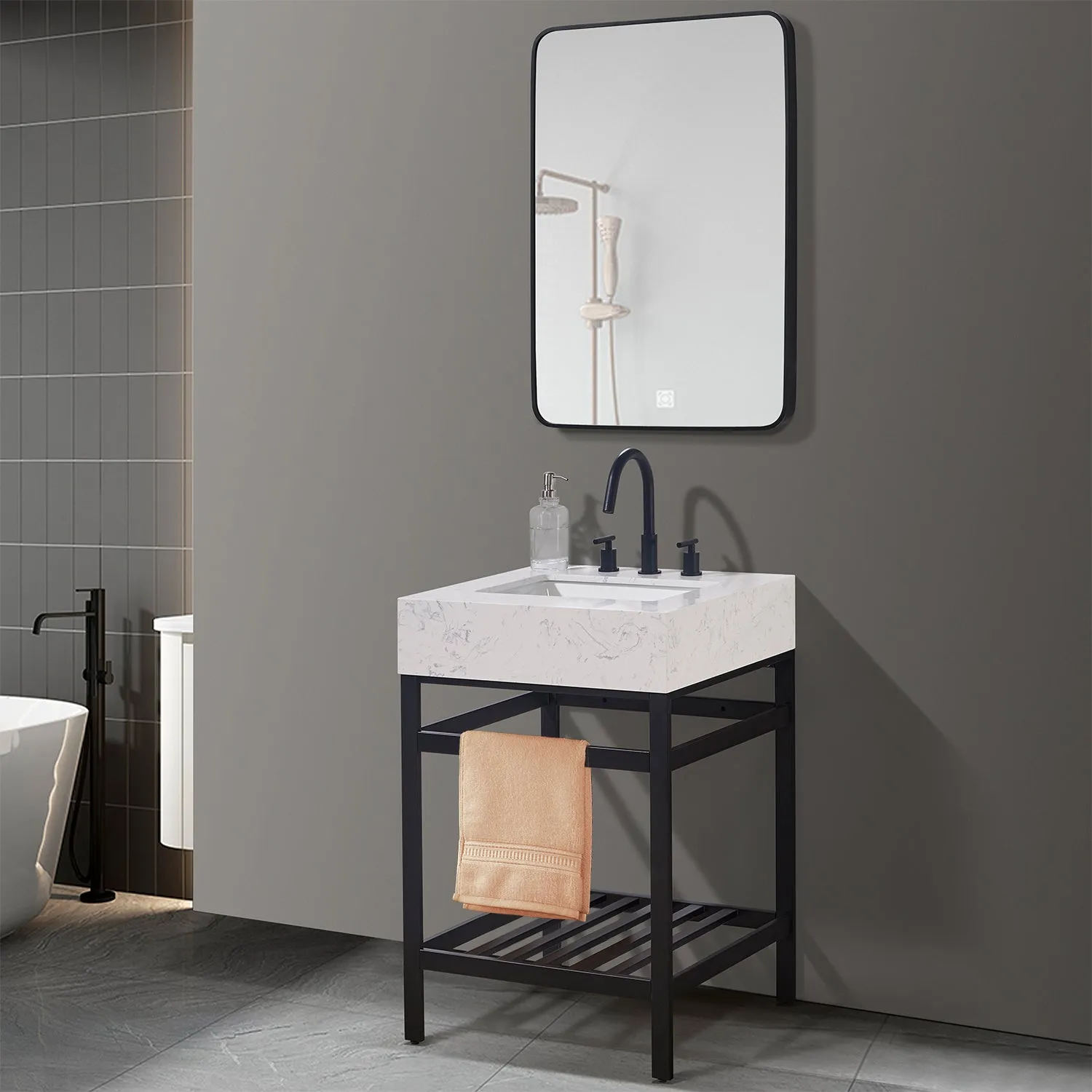 Altair Designs Merano 24" Single Stainless Steel Vanity Console with Aosta White Stone Countertop - 68024-AWAP-MB-NM