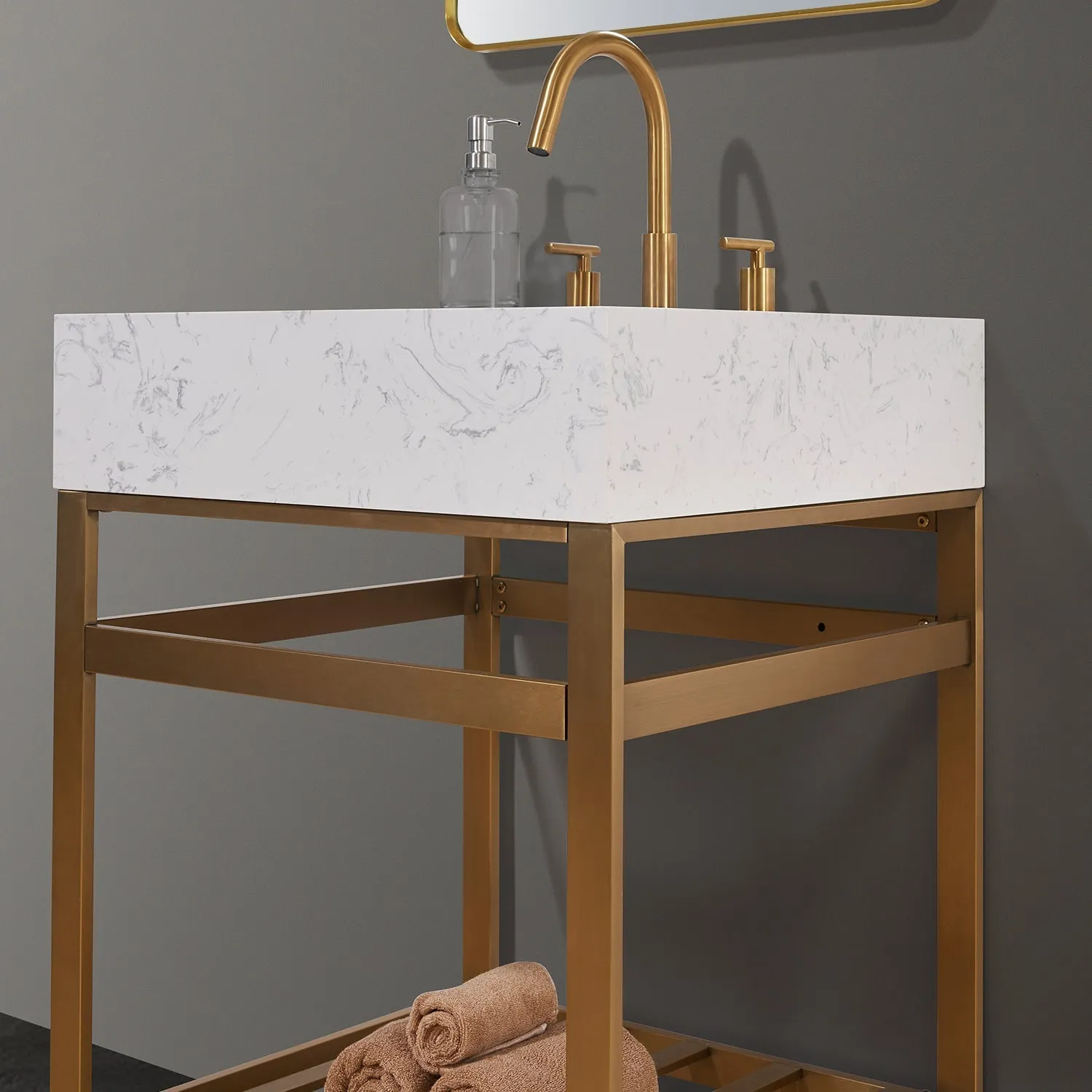 Altair Designs Merano 24" Single Stainless Steel Vanity Console with Aosta White Stone Countertop - 68024-AWAP-MB-NM