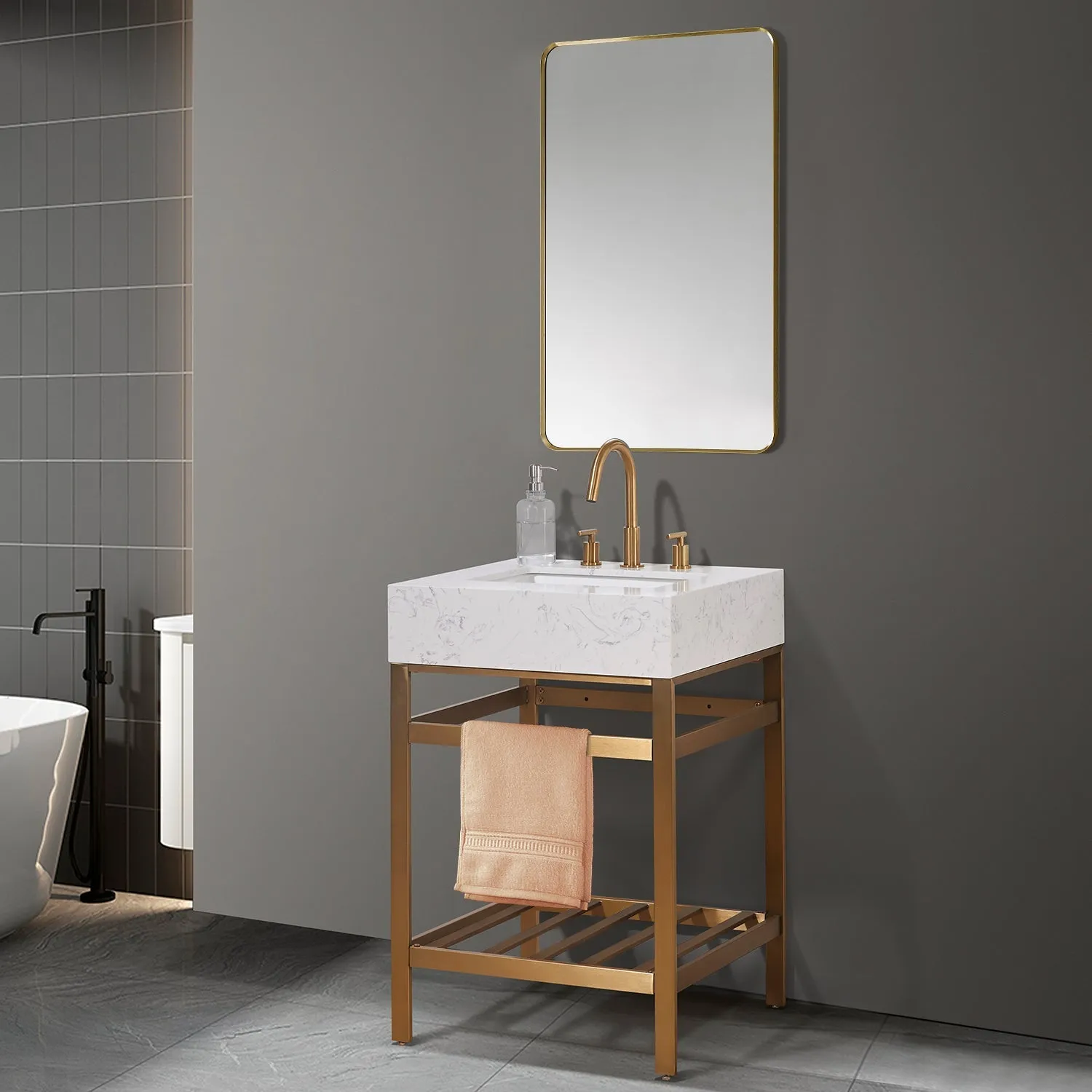 Altair Designs Merano 24" Single Stainless Steel Vanity Console with Aosta White Stone Countertop - 68024-AWAP-MB-NM
