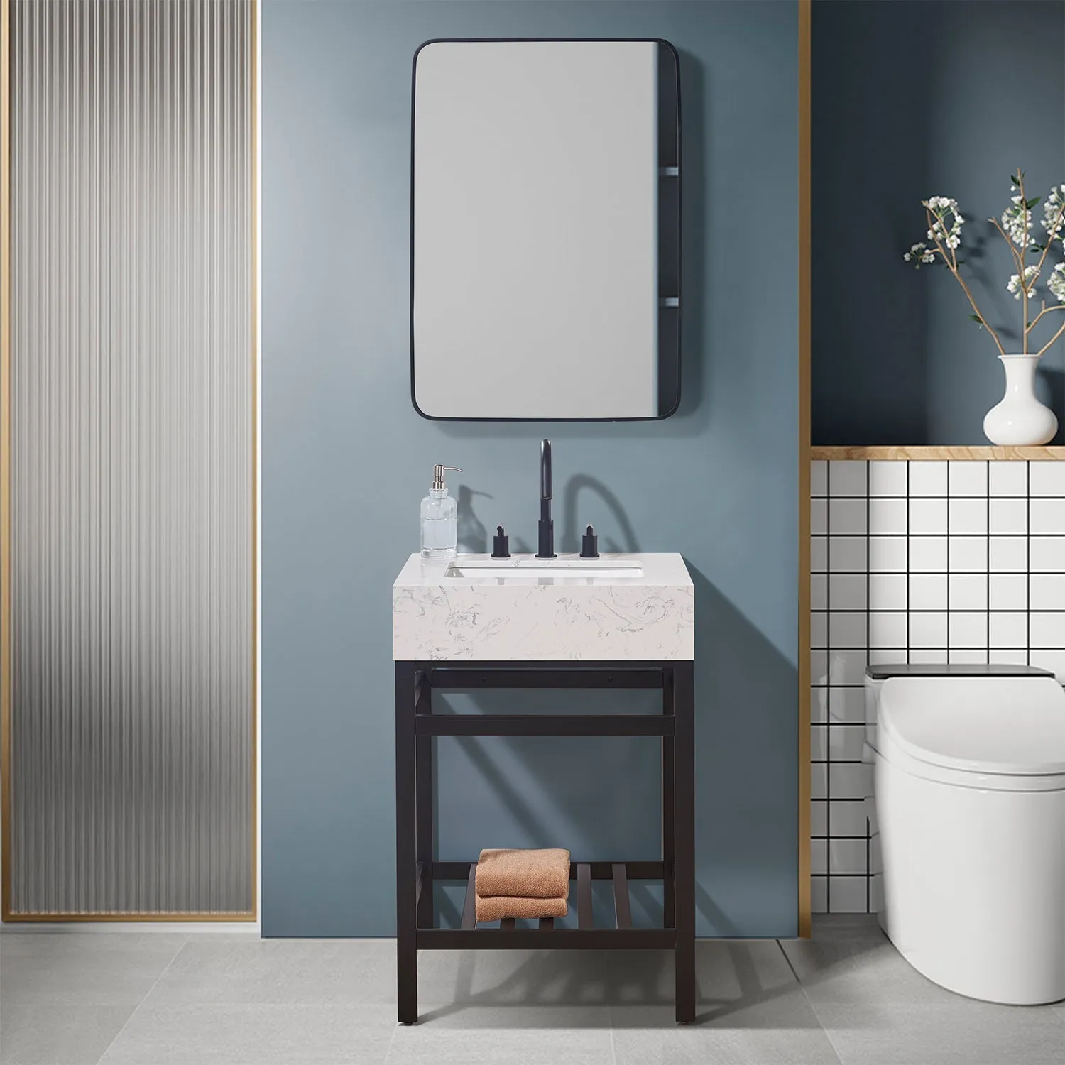 Altair Designs Merano 24" Single Stainless Steel Vanity Console with Aosta White Stone Countertop - 68024-AWAP-MB-NM