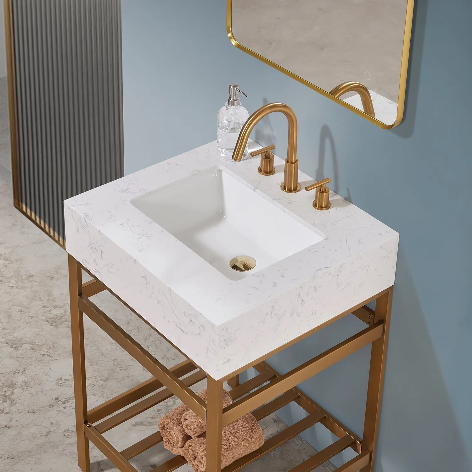 Altair Designs Merano 24" Single Stainless Steel Vanity Console with Aosta White Stone Countertop - 68024-AWAP-MB-NM