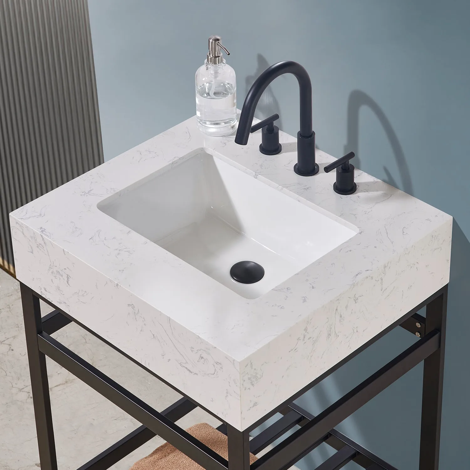 Altair Designs Merano 24" Single Stainless Steel Vanity Console with Aosta White Stone Countertop - 68024-AWAP-MB-NM