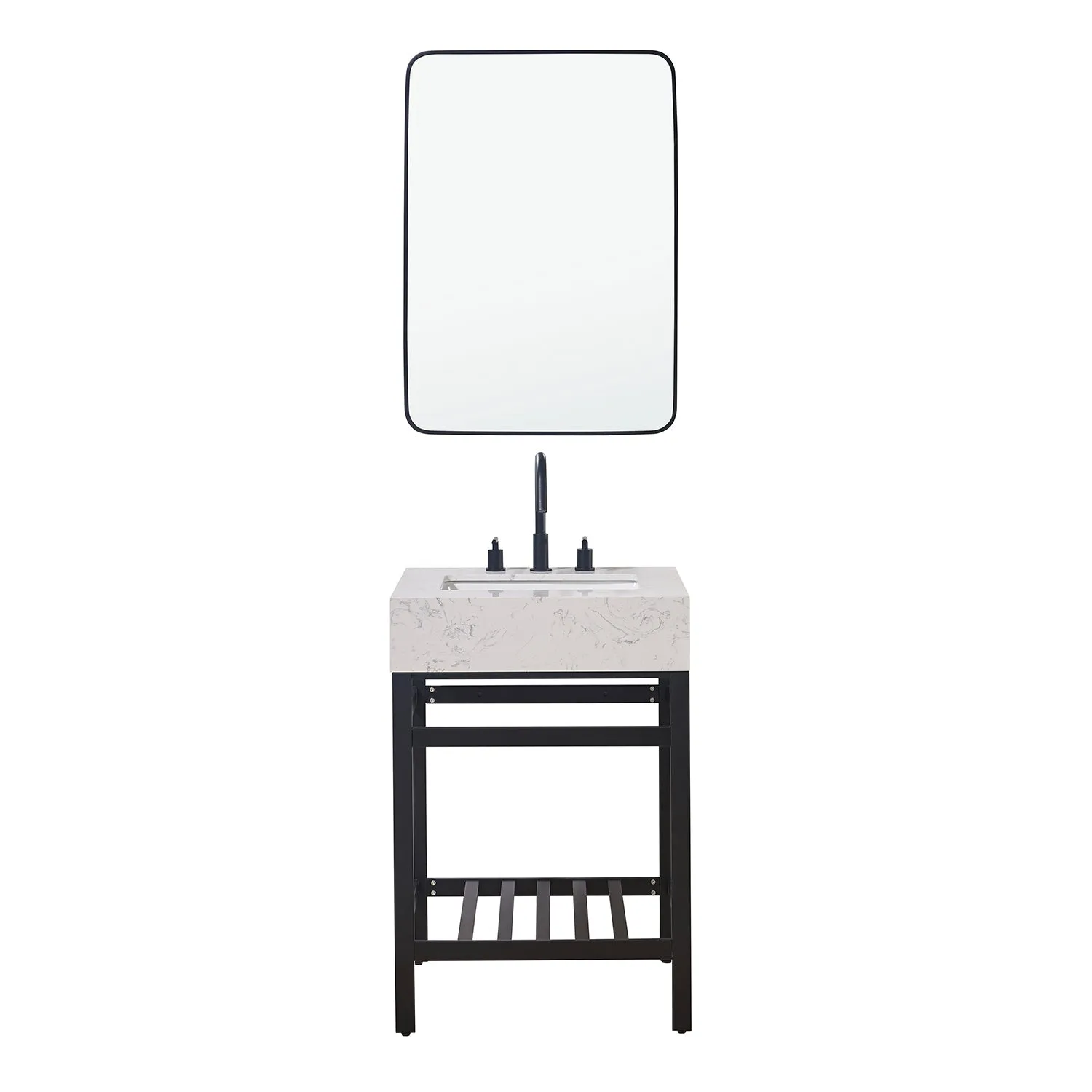 Altair Designs Merano 24" Single Stainless Steel Vanity Console with Aosta White Stone Countertop - 68024-AWAP-MB-NM