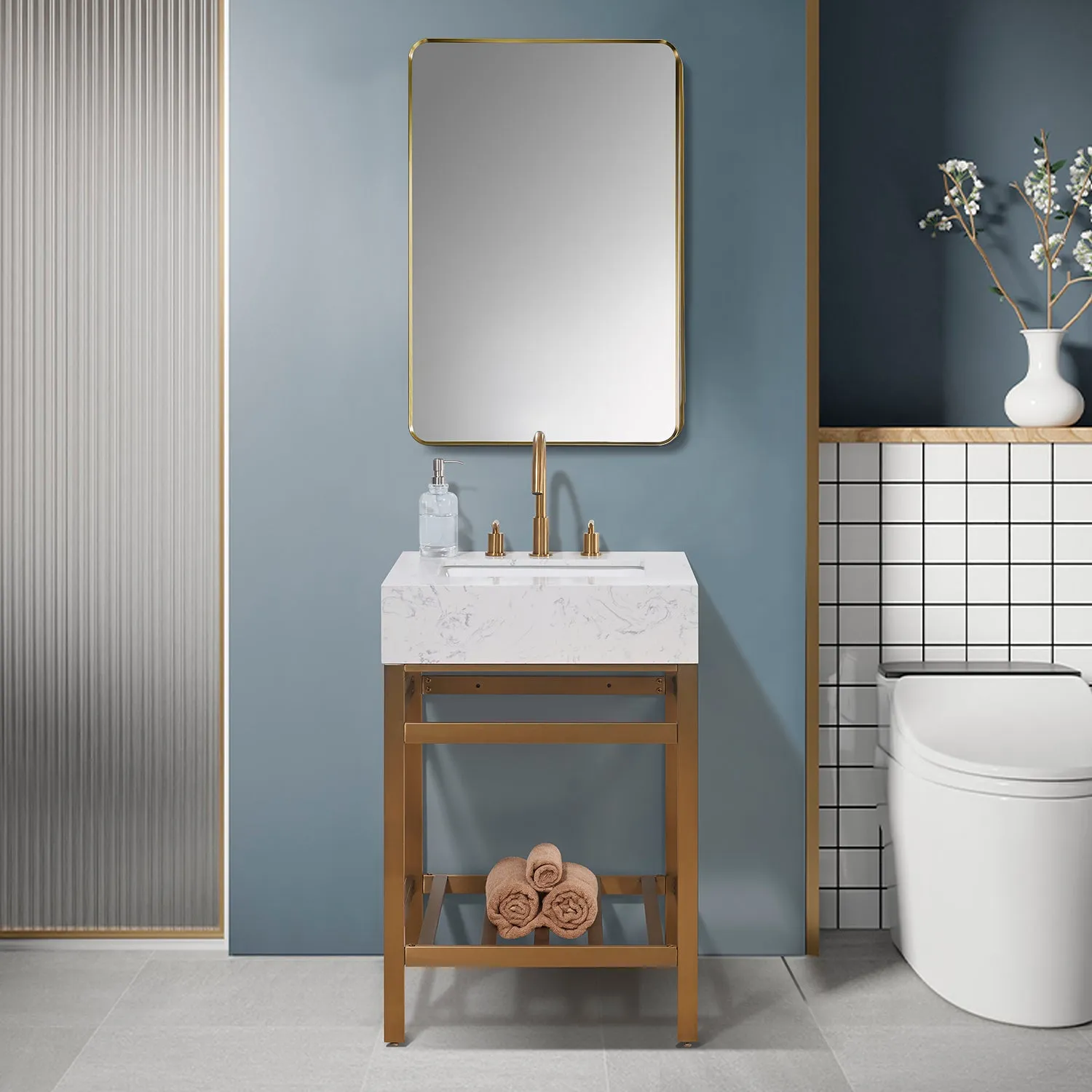 Altair Designs Merano 24" Single Stainless Steel Vanity Console with Aosta White Stone Countertop - 68024-AWAP-MB-NM