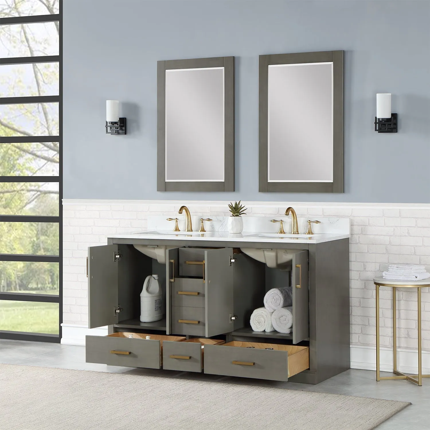Altair Designs Monna 60" Double Bathroom Vanity Set with Aosta White Composite Stone Countertop - 544060-WH-CG-NM