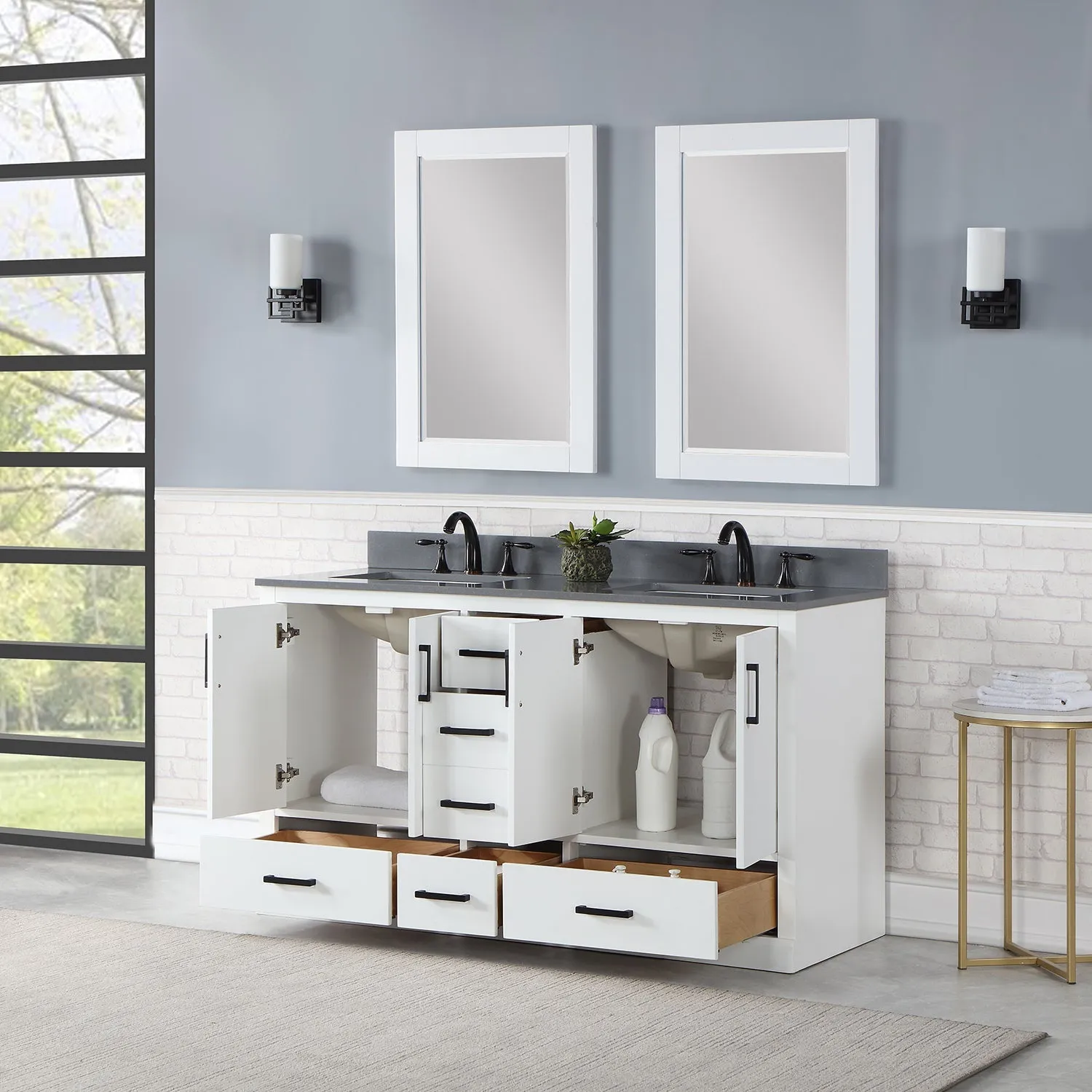 Altair Designs Monna 60" Double Bathroom Vanity Set with Aosta White Composite Stone Countertop - 544060-WH-CG-NM