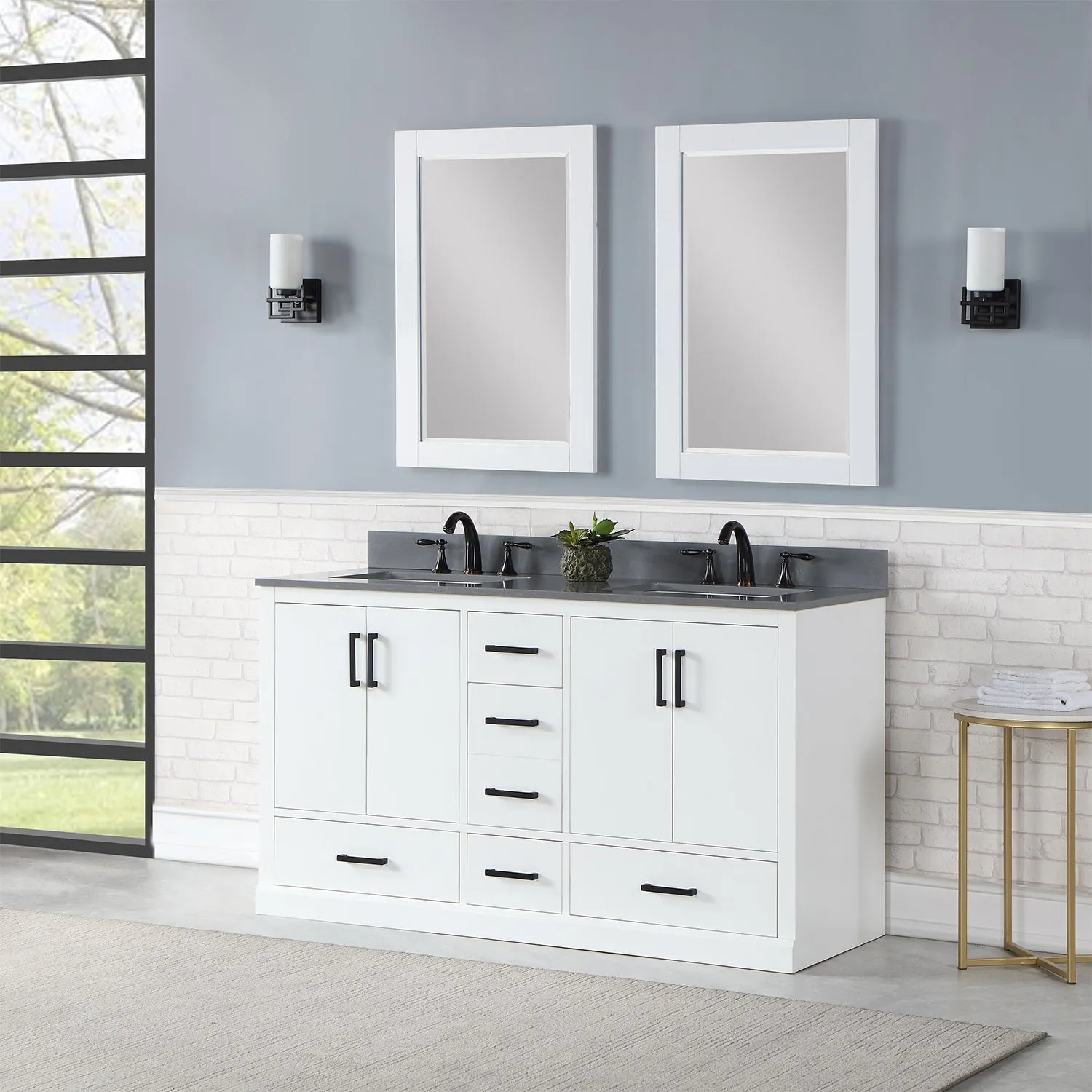 Altair Designs Monna 60" Double Bathroom Vanity Set with Aosta White Composite Stone Countertop - 544060-WH-CG-NM