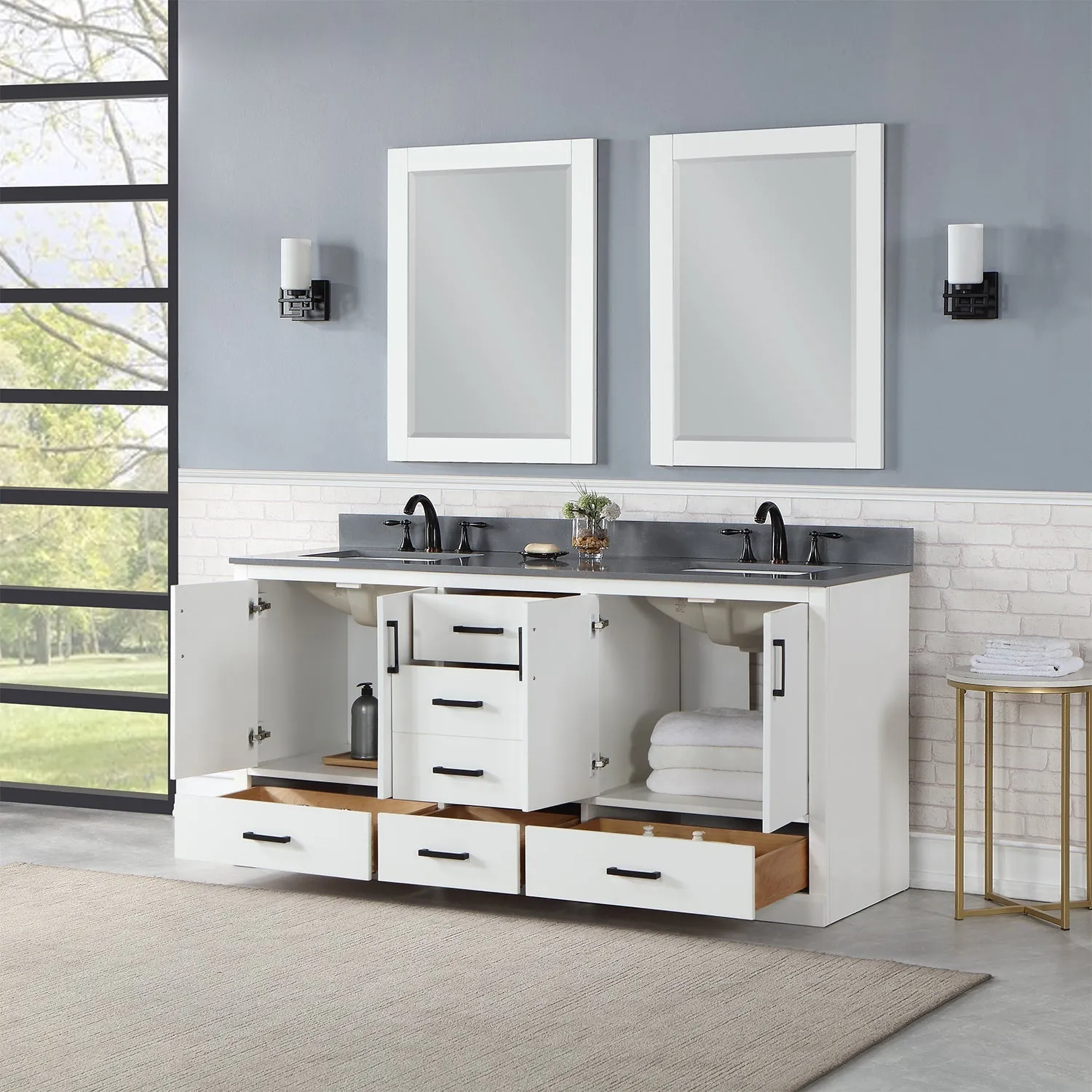 Altair Designs Monna 72" Double Bathroom Vanity Set with Aosta White Composite Stone Countertop - 544072-WH-CG-NM