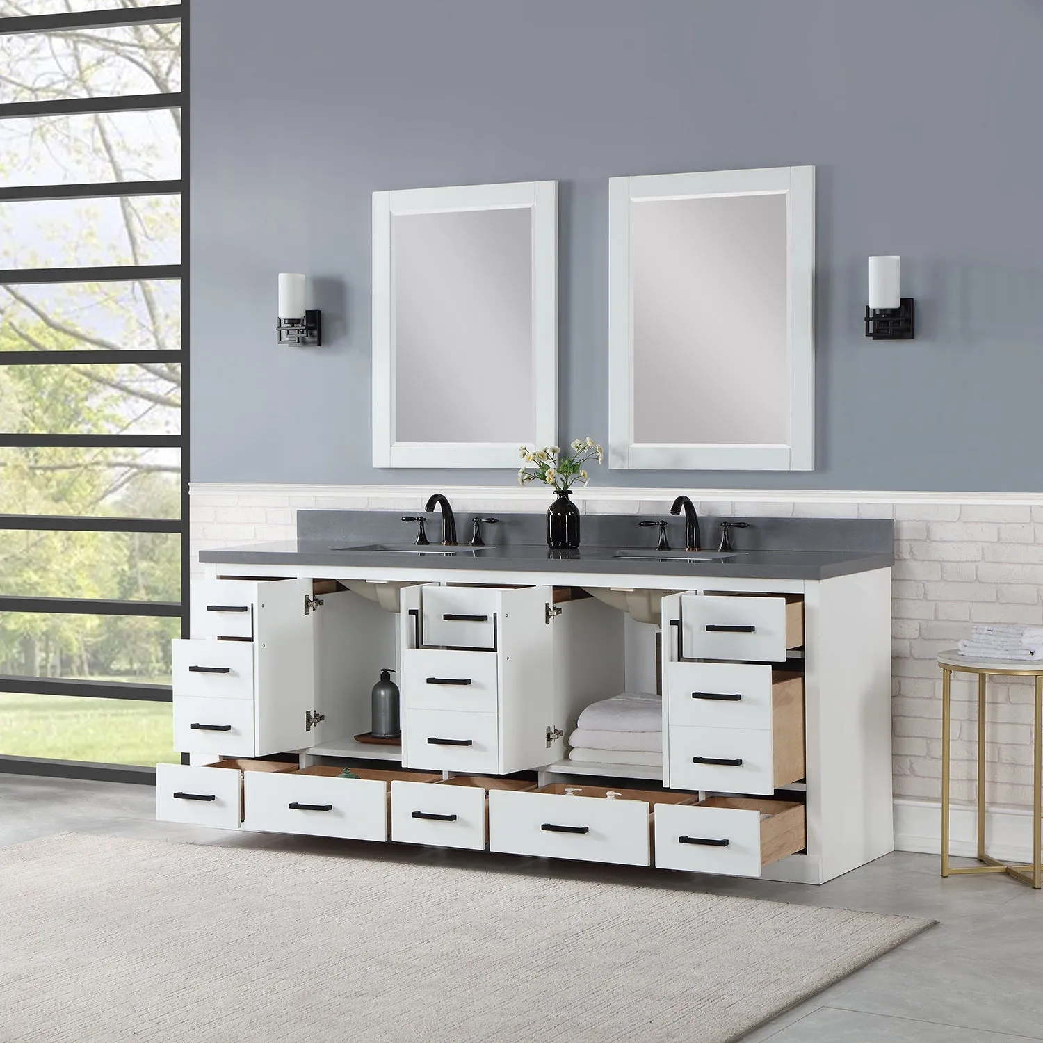 Altair Designs Monna 84" Double Bathroom Vanity Set with Aosta White Composite Stone Countertop - 544084-WH-CG-NM