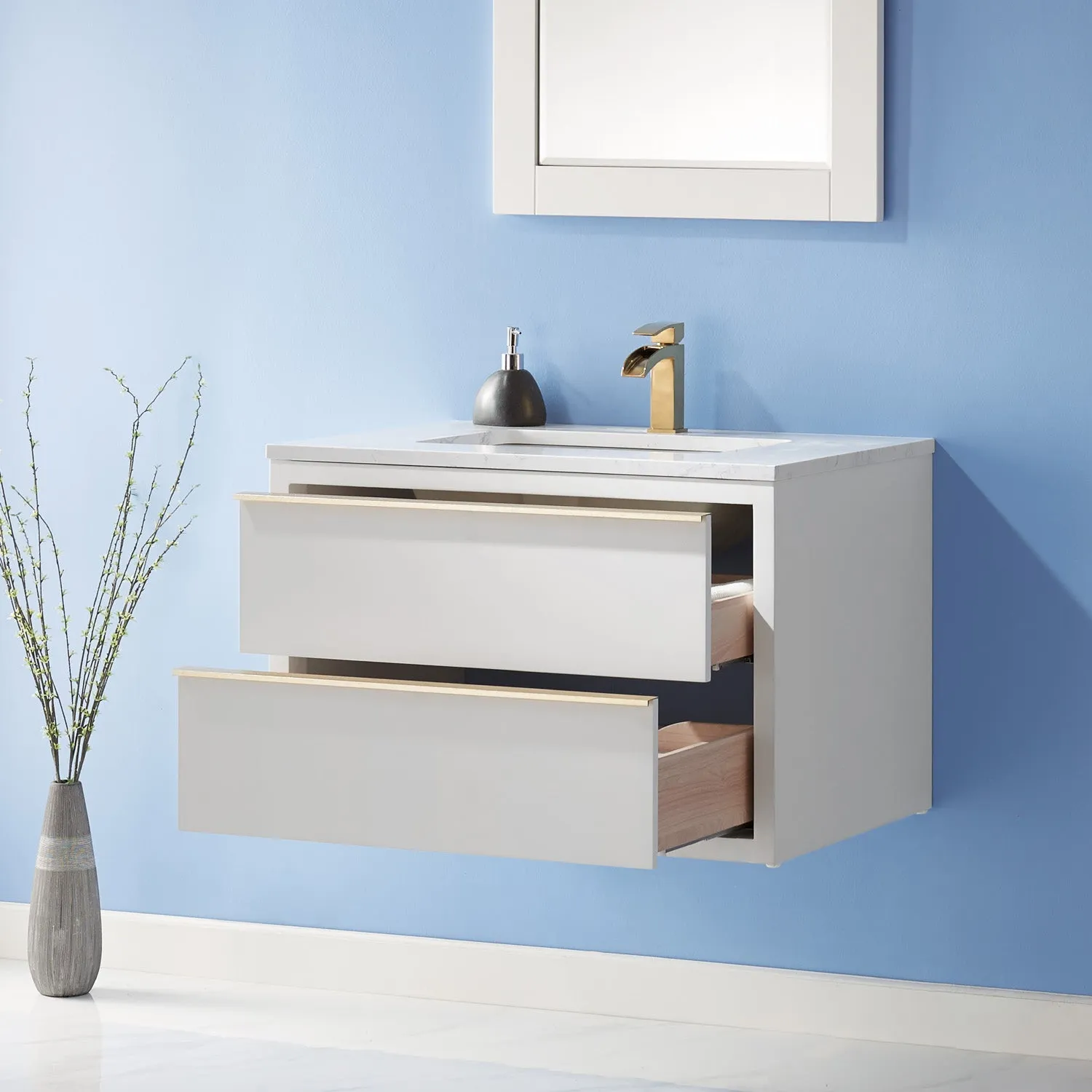 Altair Designs Morgan 30" Single Bathroom Vanity Set in White and Composite Aosta White Stone Countertop - 534030-WH-AW-NM