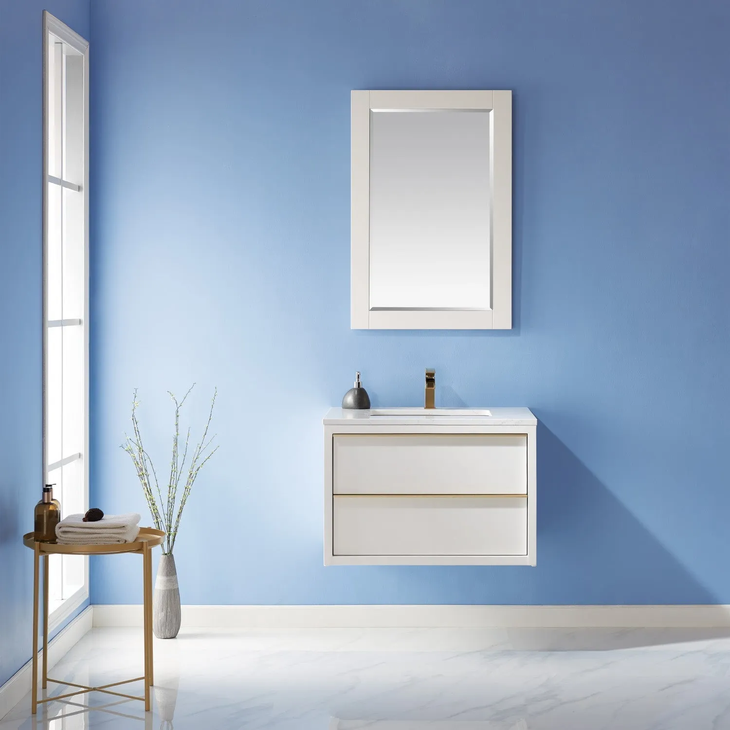 Altair Designs Morgan 30" Single Bathroom Vanity Set in White and Composite Aosta White Stone Countertop - 534030-WH-AW-NM