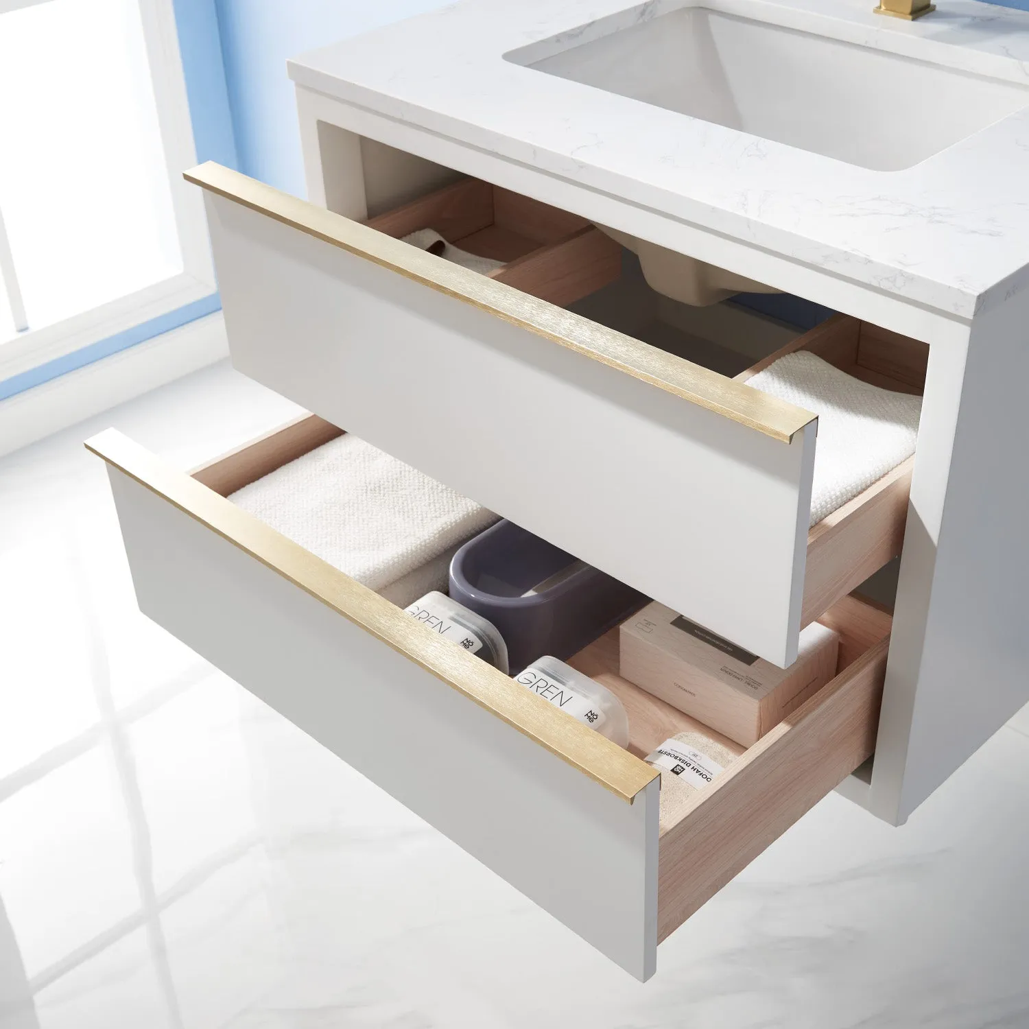 Altair Designs Morgan 30" Single Bathroom Vanity Set in White and Composite Aosta White Stone Countertop - 534030-WH-AW-NM