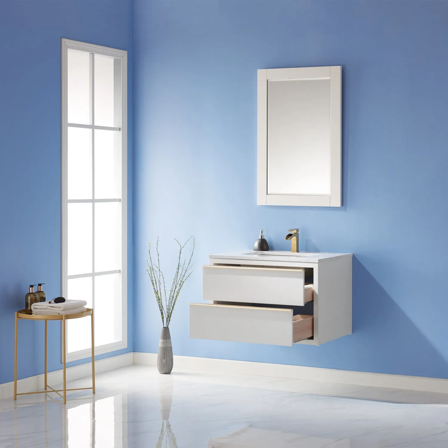 Altair Designs Morgan 30" Single Bathroom Vanity Set in White and Composite Aosta White Stone Countertop - 534030-WH-AW-NM