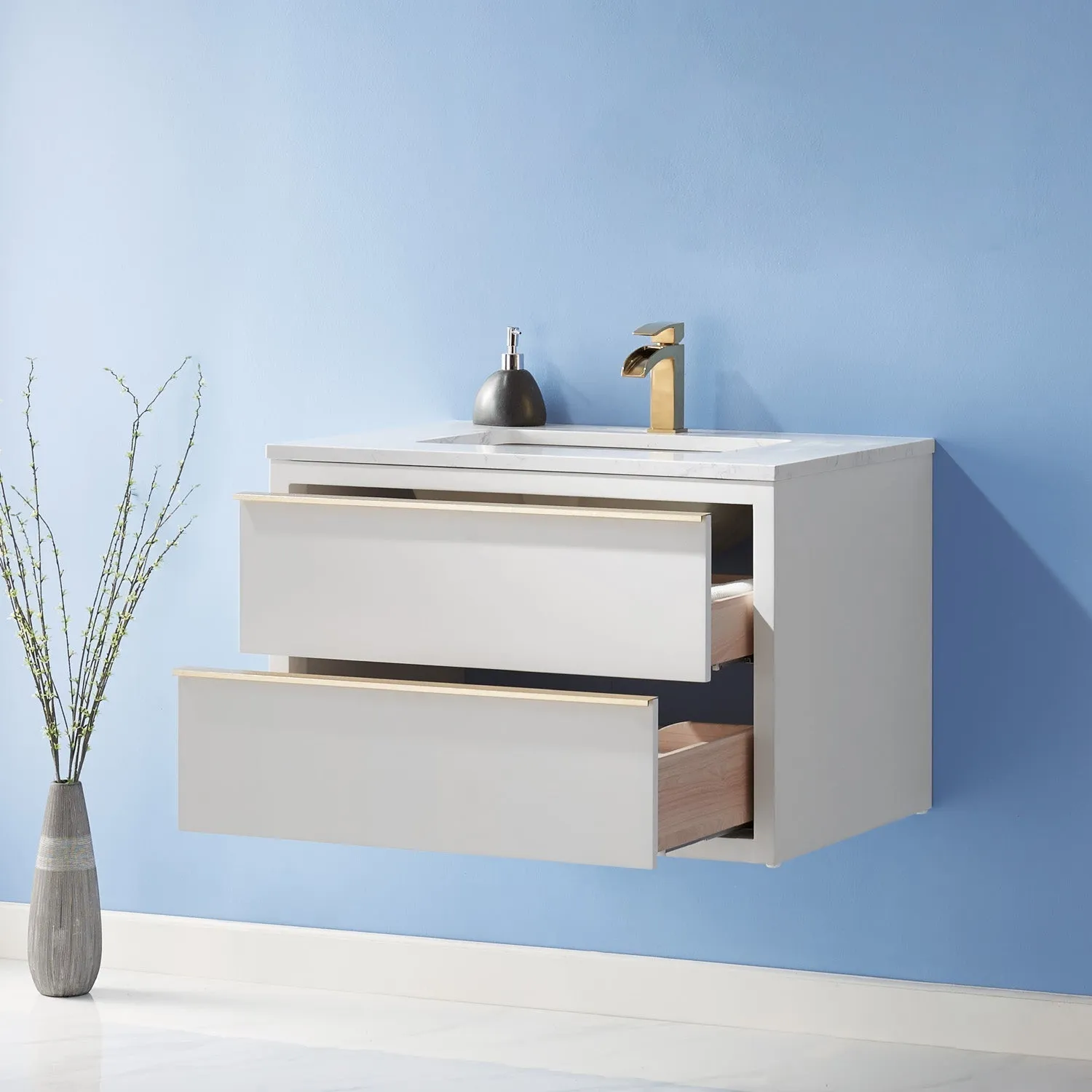 Altair Designs Morgan 30" Single Bathroom Vanity Set in White and Composite Aosta White Stone Countertop - 534030-WH-AW-NM