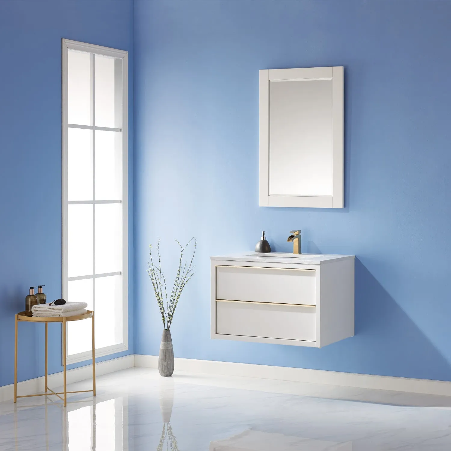 Altair Designs Morgan 30" Single Bathroom Vanity Set in White and Composite Aosta White Stone Countertop - 534030-WH-AW-NM