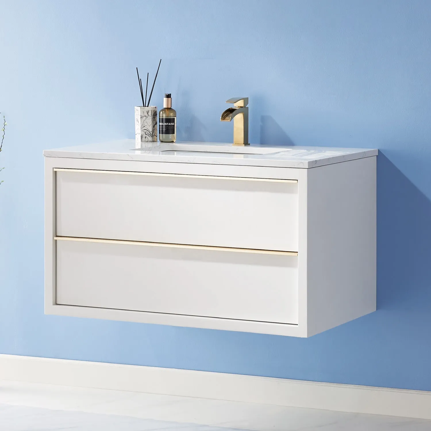 Altair Designs Morgan 36" Single Bathroom Vanity Set in White and Composite Aosta White Stone Countertop - 534036-WH-AW-NM
