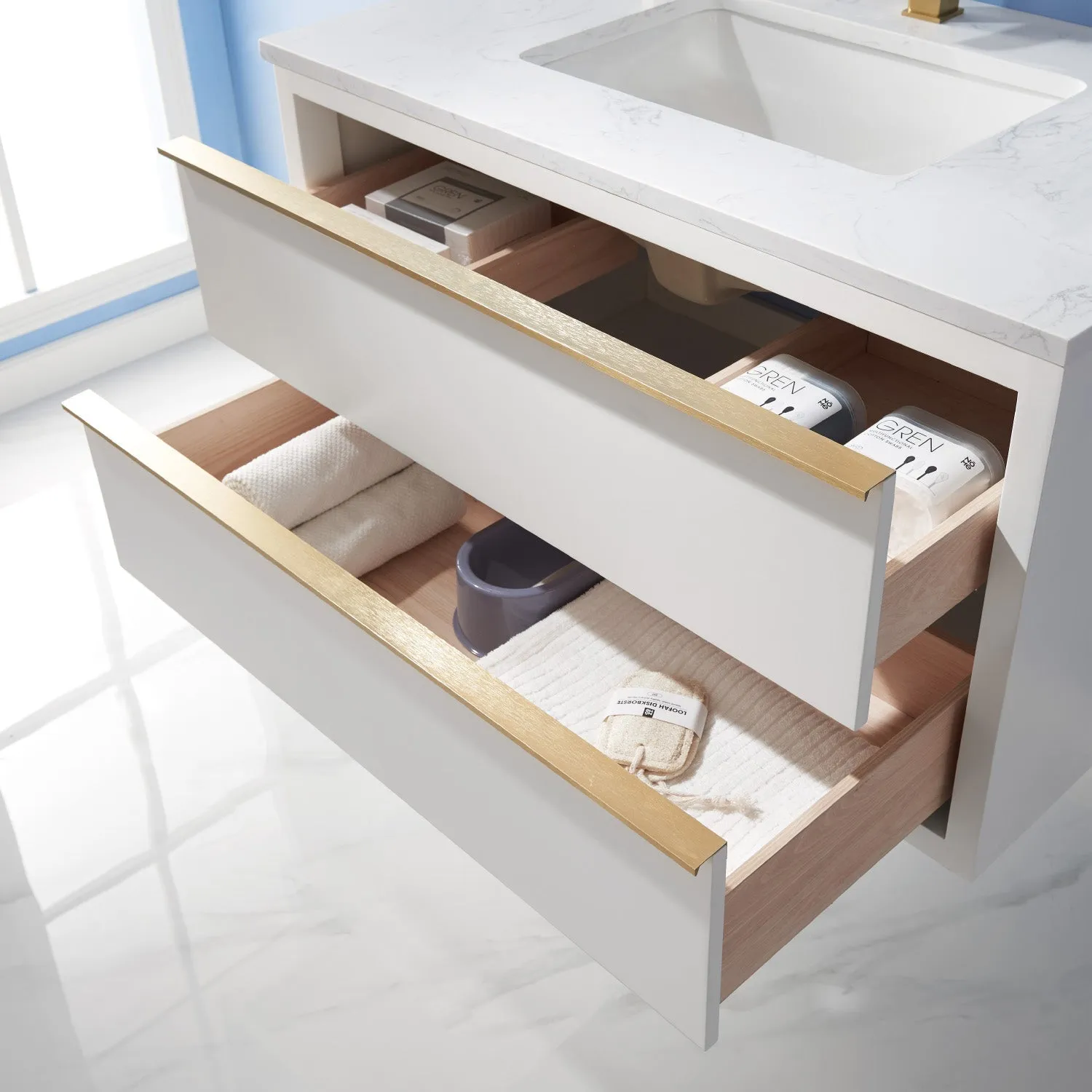 Altair Designs Morgan 36" Single Bathroom Vanity Set in White and Composite Aosta White Stone Countertop - 534036-WH-AW-NM