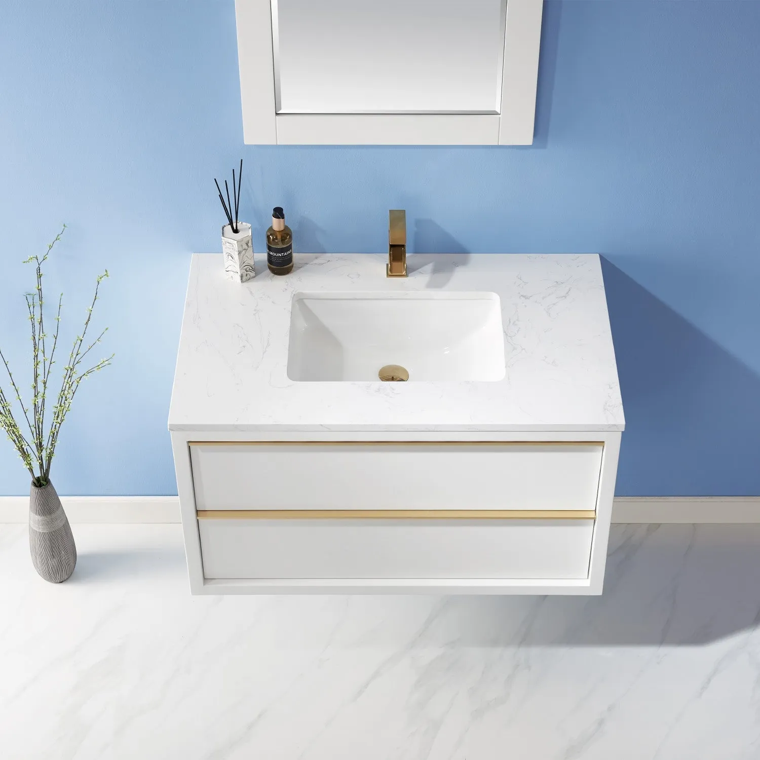 Altair Designs Morgan 36" Single Bathroom Vanity Set in White and Composite Aosta White Stone Countertop - 534036-WH-AW-NM