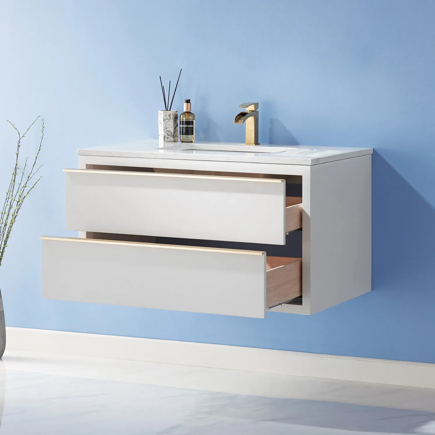 Altair Designs Morgan 36" Single Bathroom Vanity Set in White and Composite Aosta White Stone Countertop - 534036-WH-AW-NM