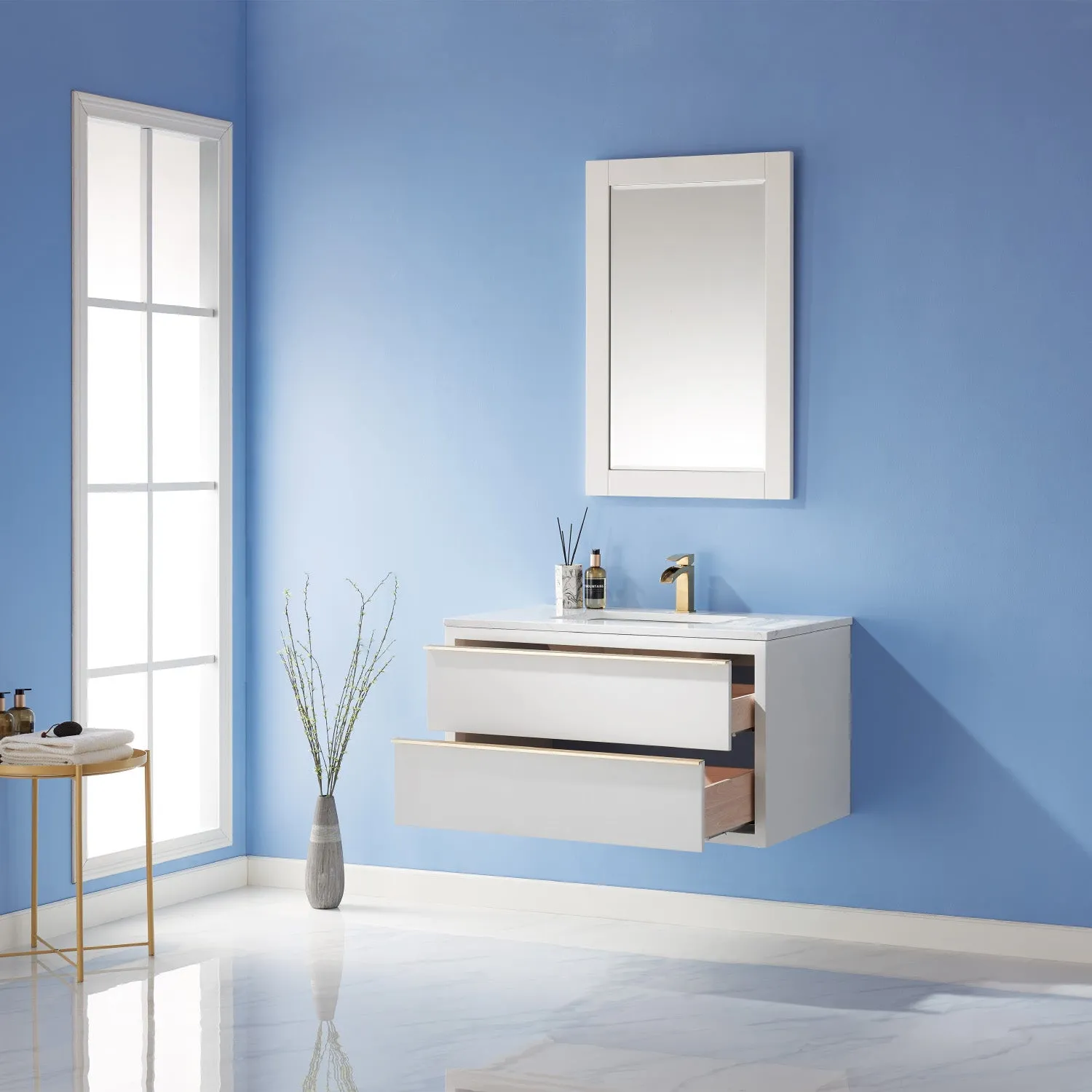 Altair Designs Morgan 36" Single Bathroom Vanity Set in White and Composite Aosta White Stone Countertop - 534036-WH-AW-NM