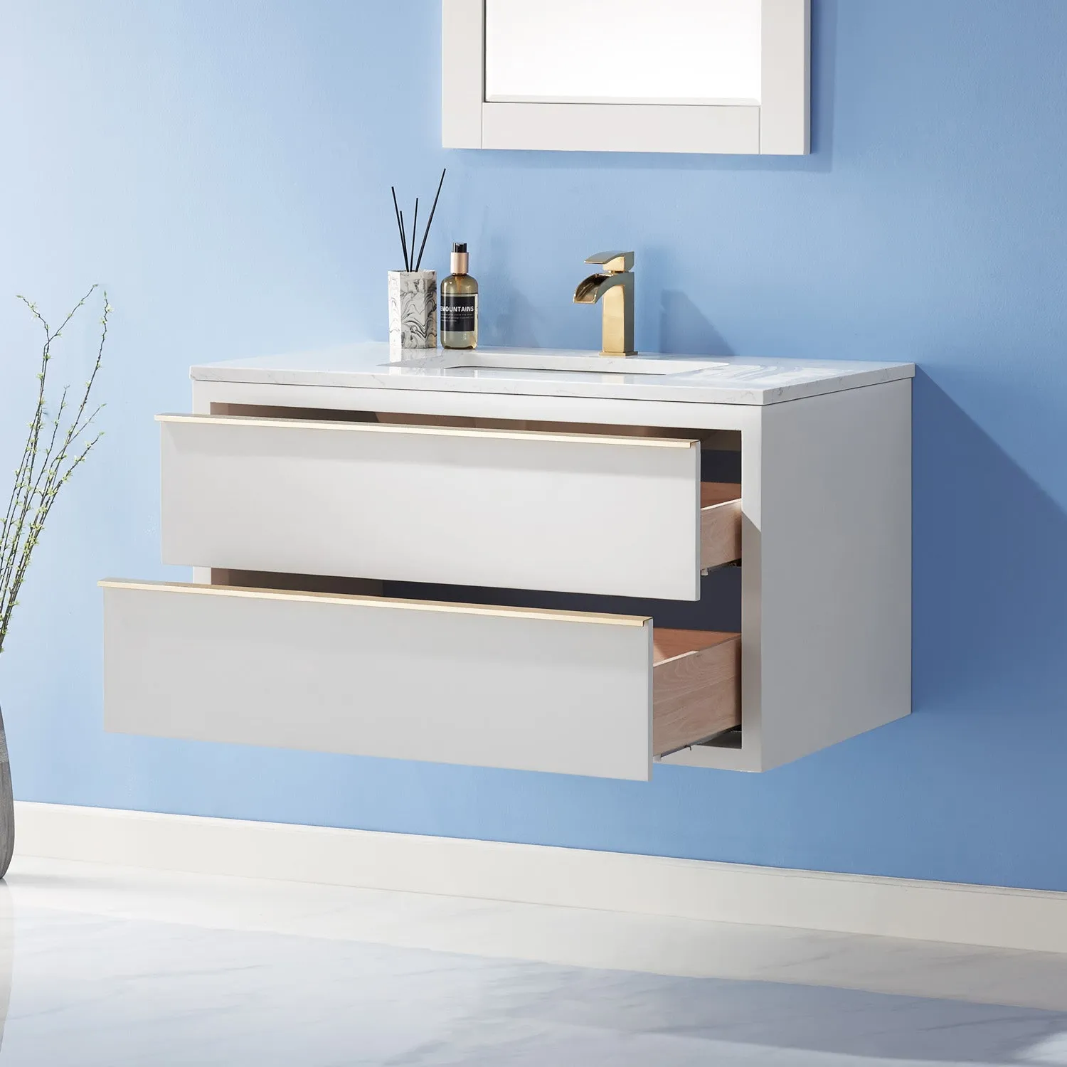 Altair Designs Morgan 36" Single Bathroom Vanity Set in White and Composite Aosta White Stone Countertop - 534036-WH-AW-NM