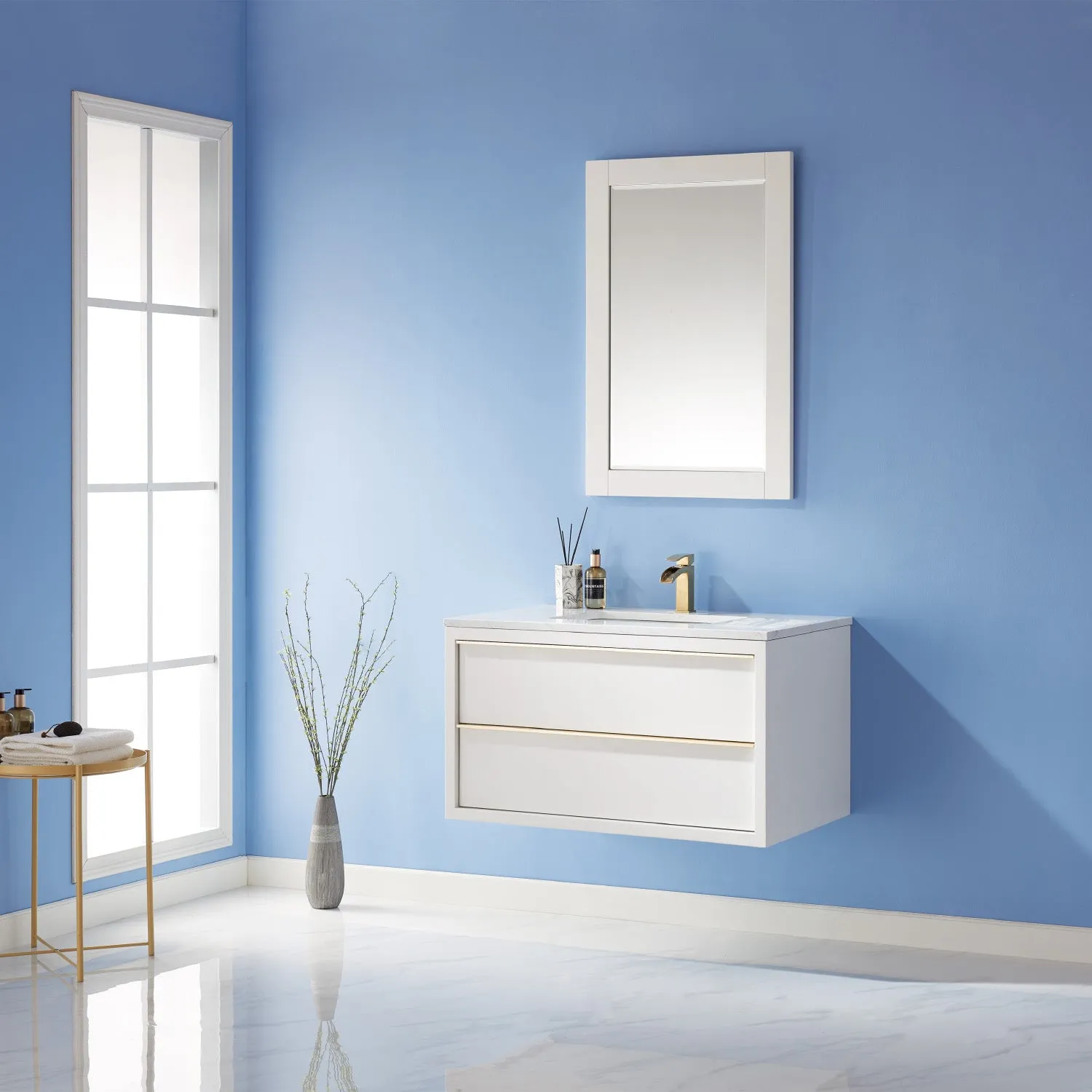 Altair Designs Morgan 36" Single Bathroom Vanity Set in White and Composite Aosta White Stone Countertop - 534036-WH-AW-NM