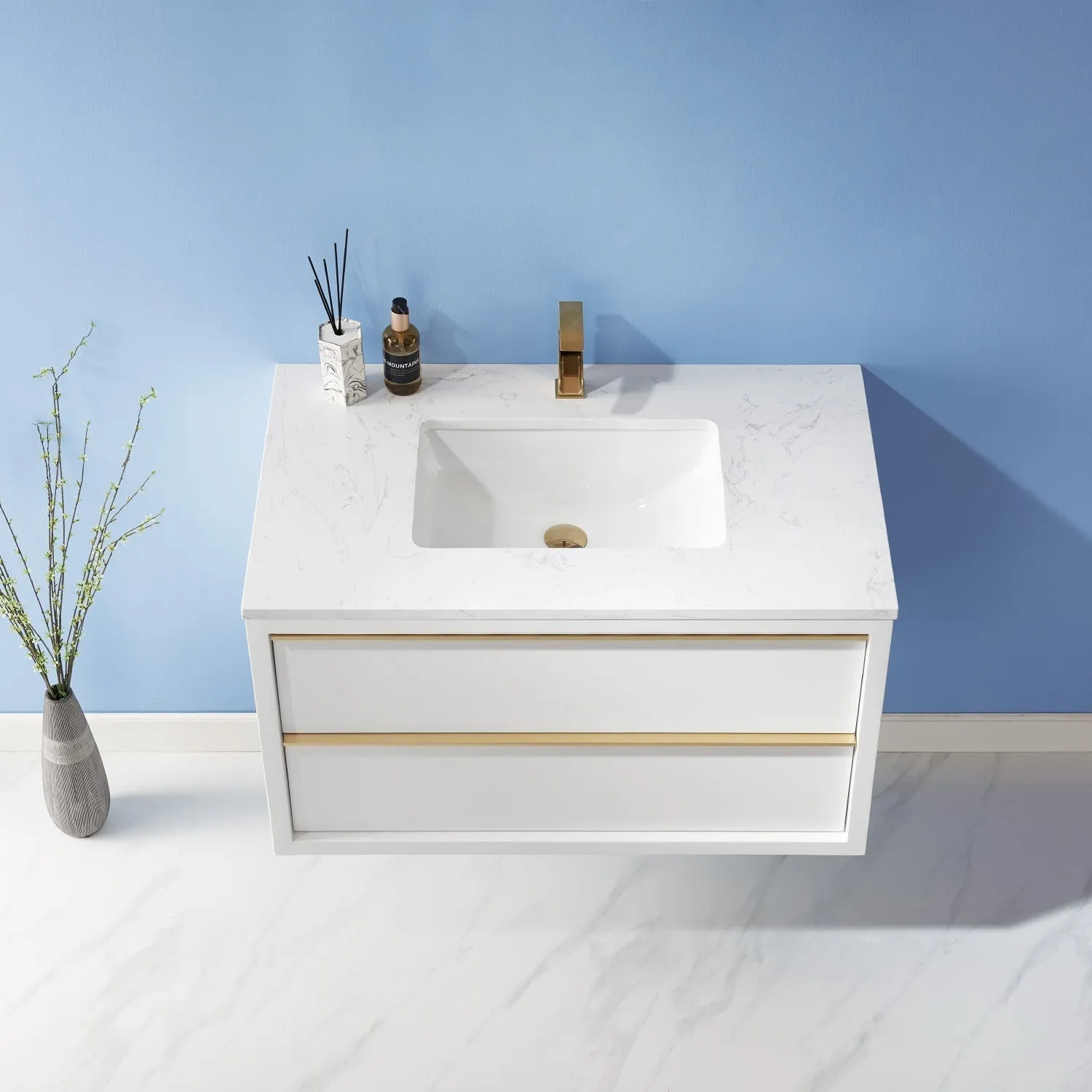 Altair Designs Morgan 36" Single Bathroom Vanity Set in White and Composite Aosta White Stone Countertop - 534036-WH-AW-NM