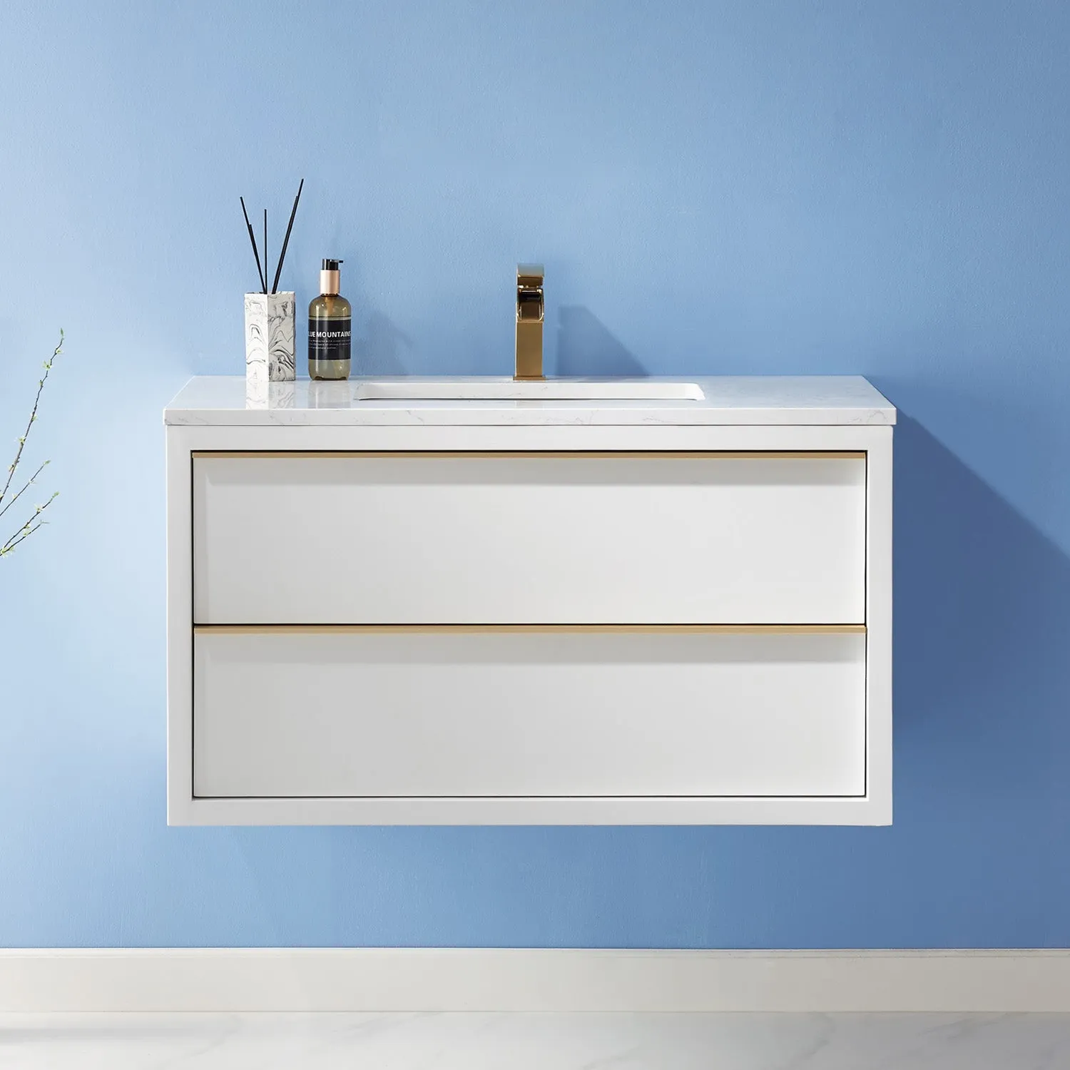 Altair Designs Morgan 36" Single Bathroom Vanity Set in White and Composite Aosta White Stone Countertop - 534036-WH-AW-NM