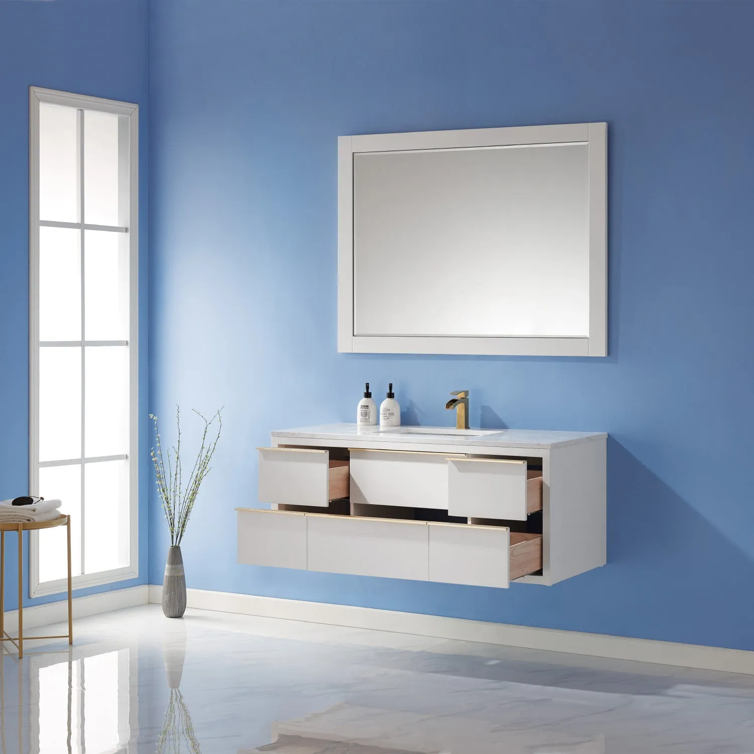 Altair Designs Morgan 48" Single Bathroom Vanity Set in White and Composite Aosta White Stone Countertop - 534048-WH-AW-NM