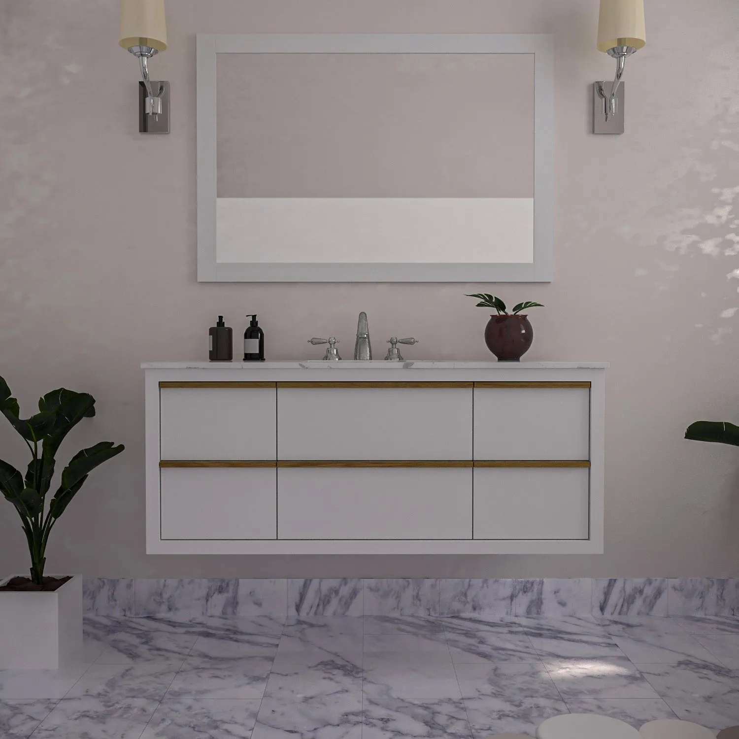 Altair Designs Morgan 48" Single Bathroom Vanity Set in White and Composite Aosta White Stone Countertop - 534048-WH-AW-NM