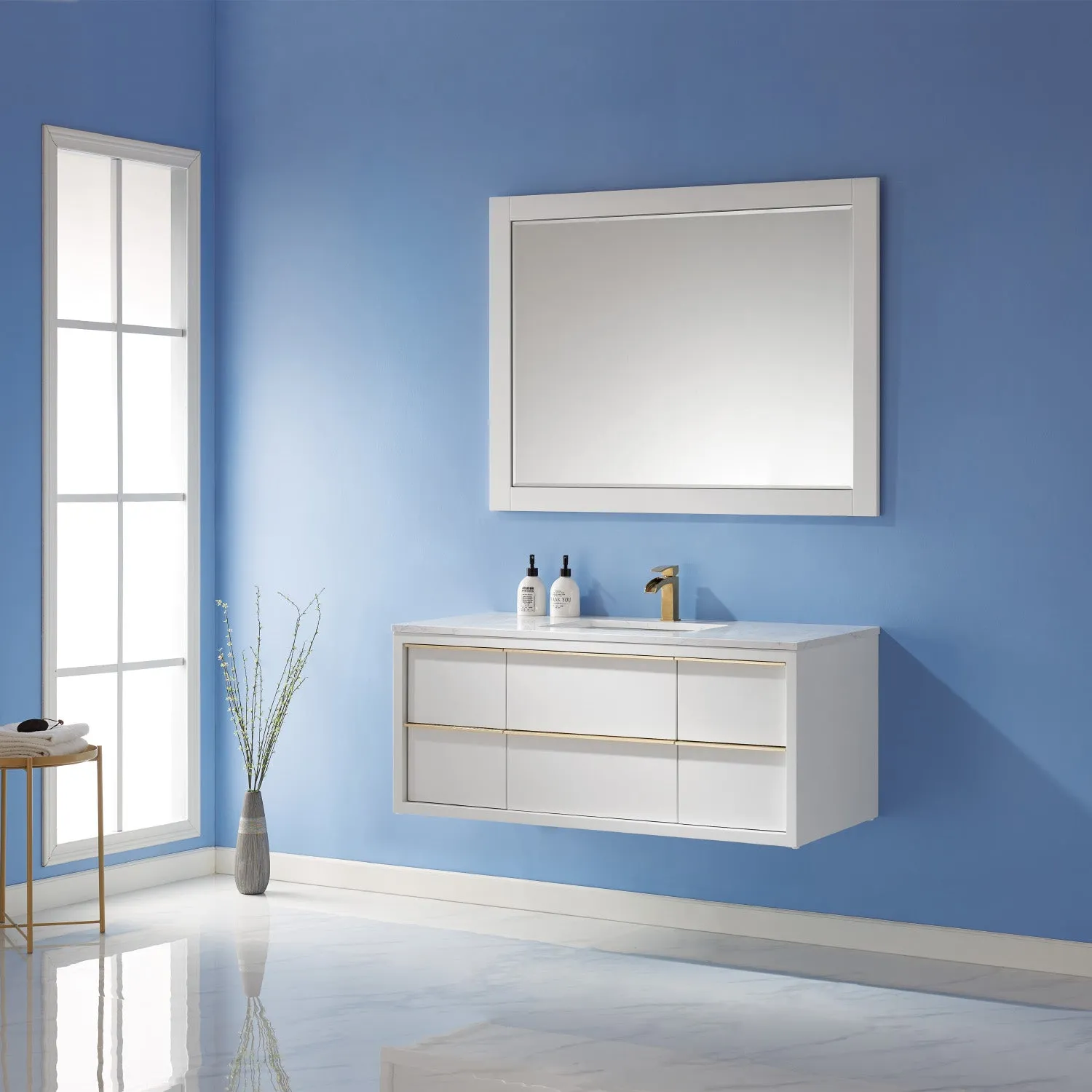 Altair Designs Morgan 48" Single Bathroom Vanity Set in White and Composite Aosta White Stone Countertop - 534048-WH-AW-NM