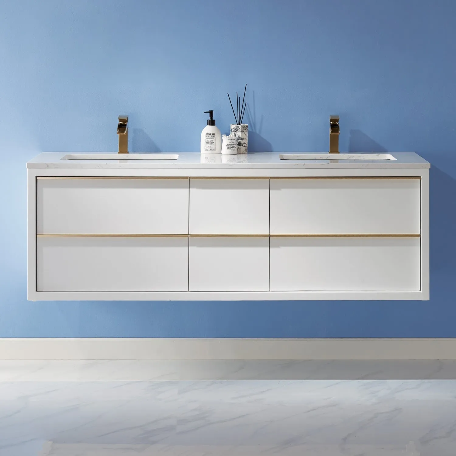 Altair Designs Morgan 60" Double Bathroom Vanity Set in White and Composite Aosta White Stone Countertop - 534060-WH-AW-NM