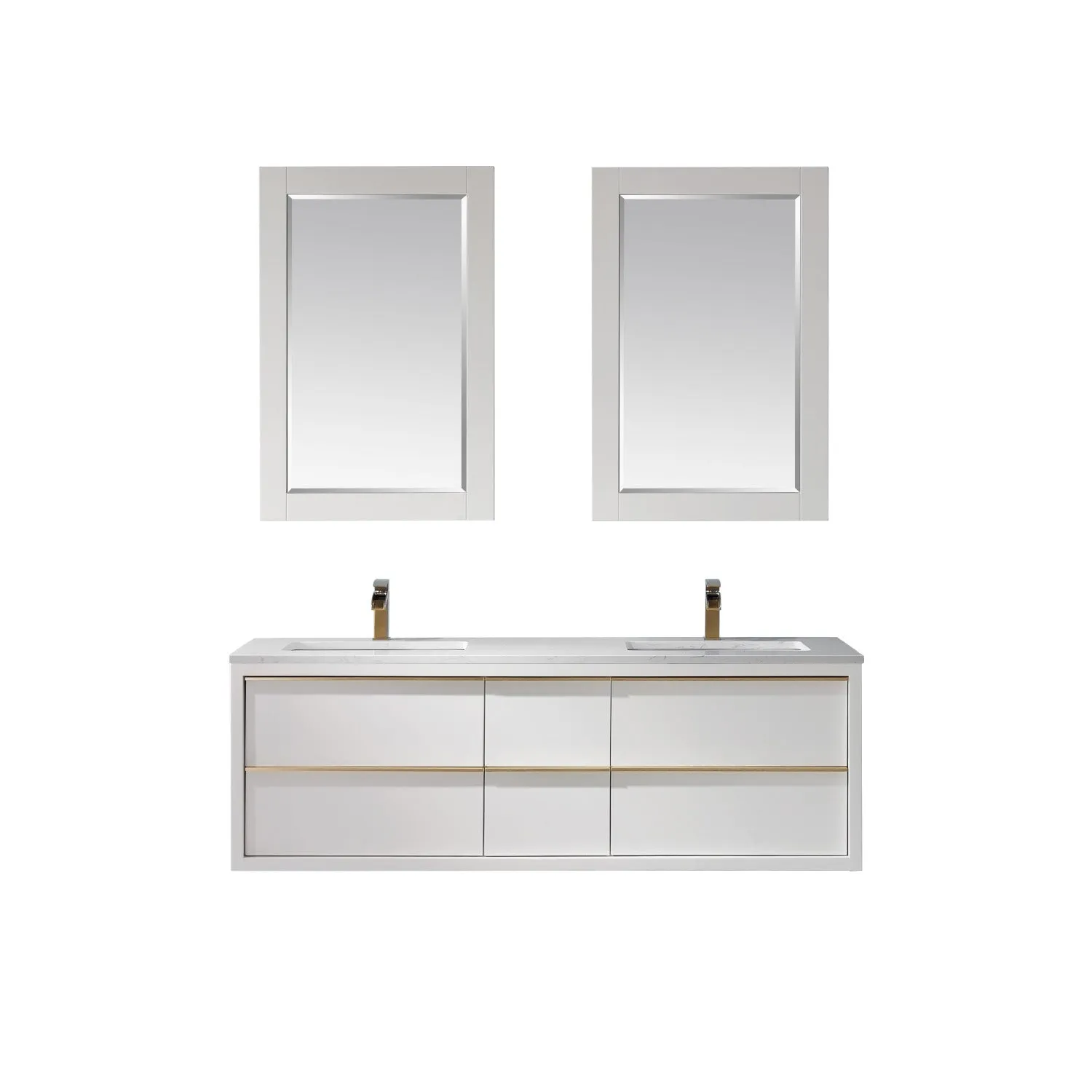 Altair Designs Morgan 60" Double Bathroom Vanity Set in White and Composite Aosta White Stone Countertop - 534060-WH-AW-NM