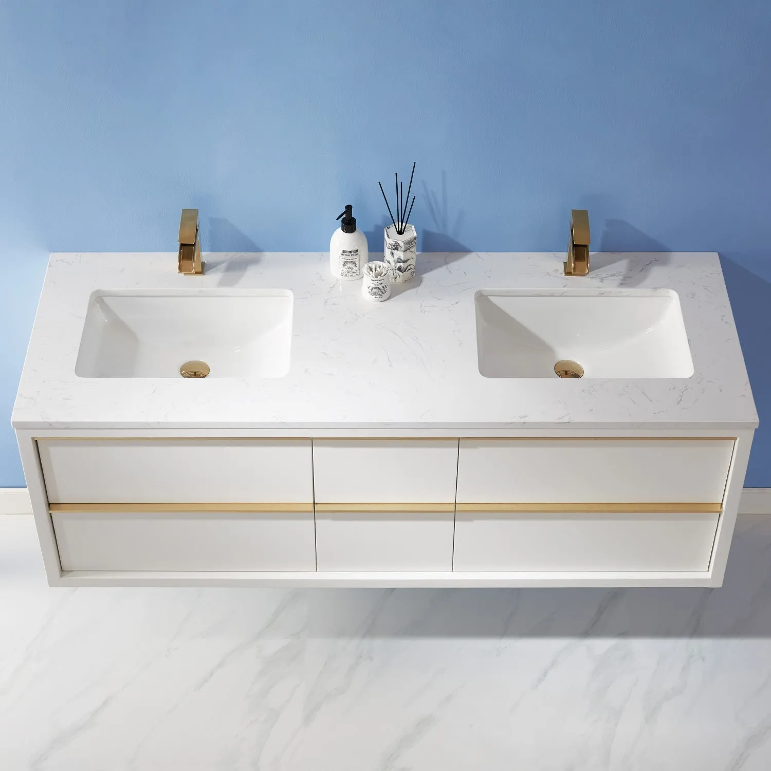 Altair Designs Morgan 60" Double Bathroom Vanity Set in White and Composite Aosta White Stone Countertop - 534060-WH-AW-NM