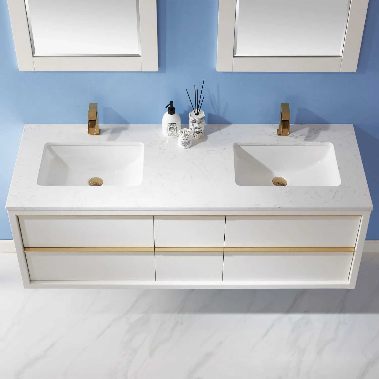 Altair Designs Morgan 60" Double Bathroom Vanity Set in White and Composite Aosta White Stone Countertop - 534060-WH-AW-NM