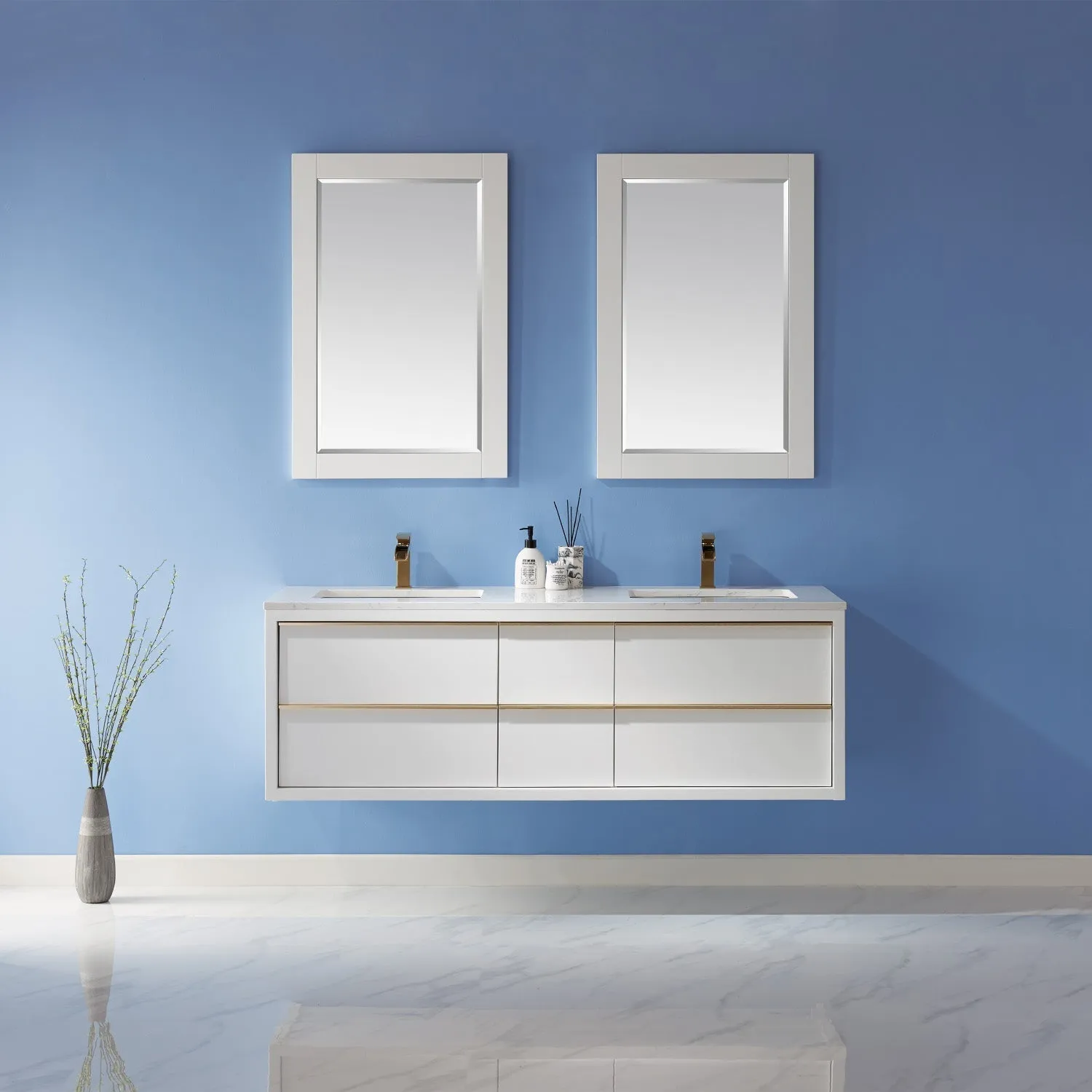 Altair Designs Morgan 60" Double Bathroom Vanity Set in White and Composite Aosta White Stone Countertop - 534060-WH-AW-NM