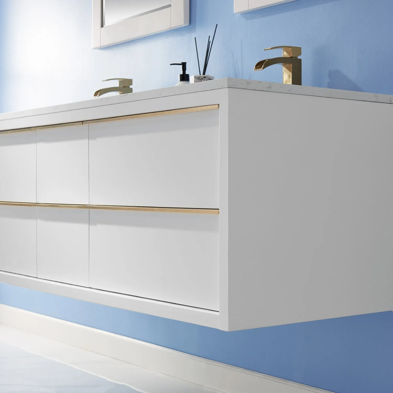 Altair Designs Morgan 60" Double Bathroom Vanity Set in White and Composite Aosta White Stone Countertop - 534060-WH-AW-NM
